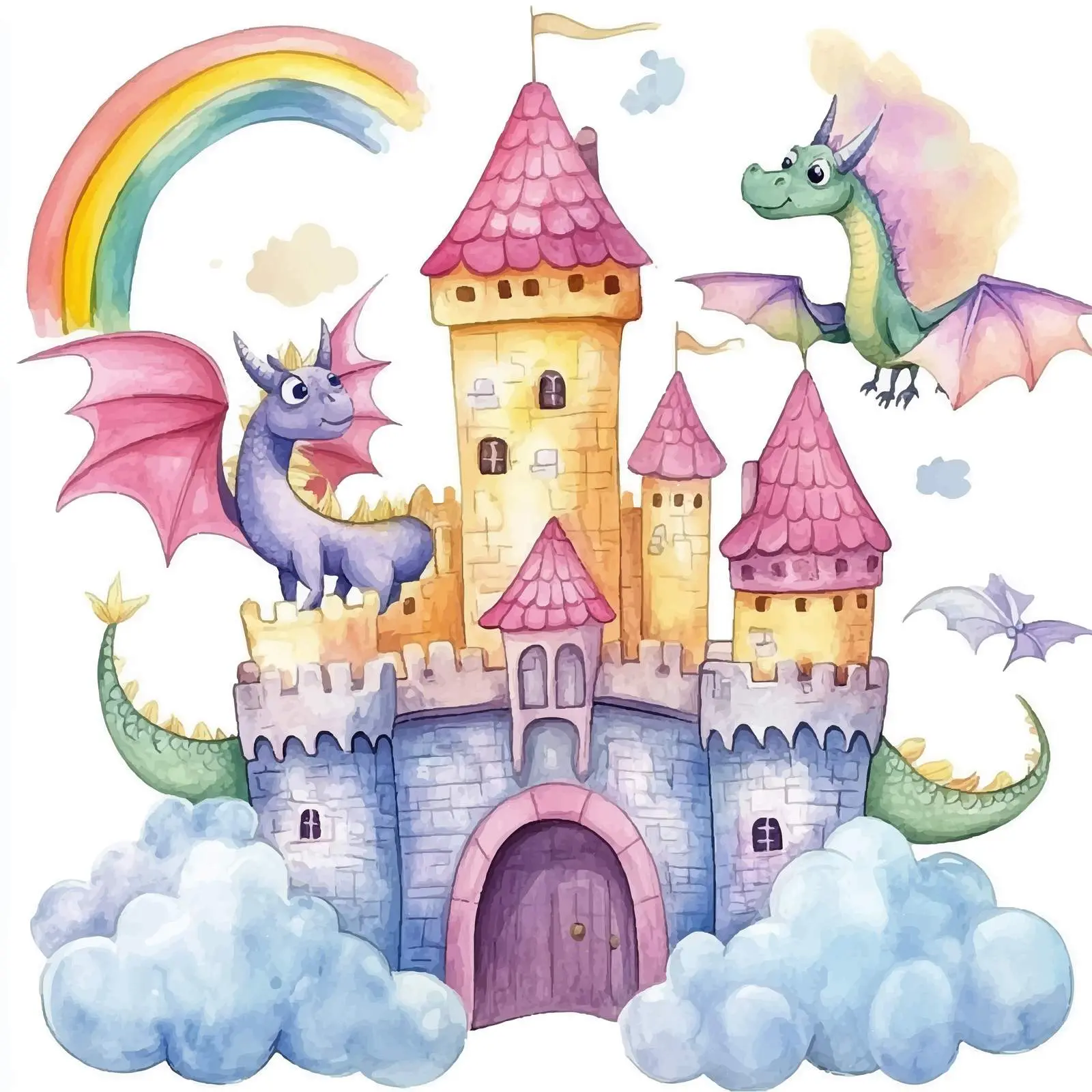 Whimsical Dragons Castle with Rainbow and Clouds – free fantasy world image from Dotvec