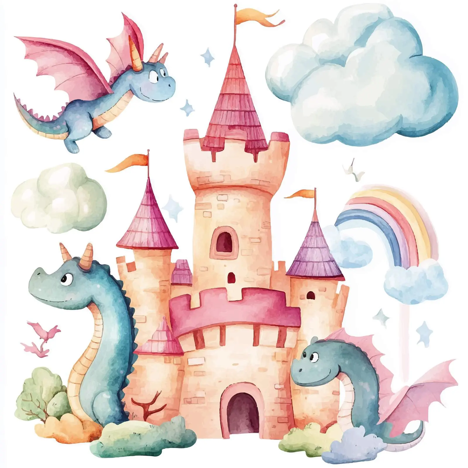 Whimsical Dragons in a Colorful Castle Landscape – free fantasy world image from Dotvec