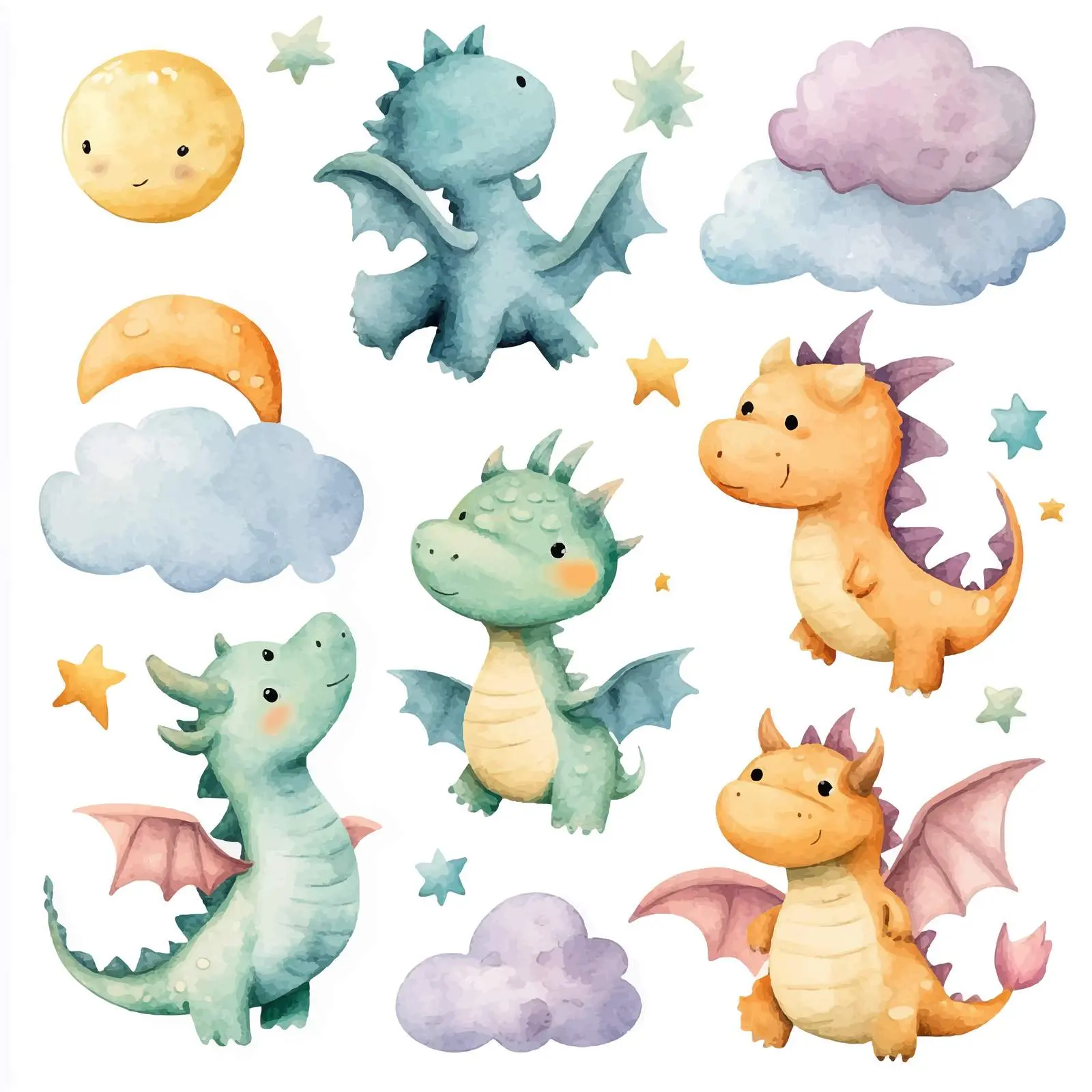 Cute Watercolor Dragons with Moon and Stars – free fairytale image from Dotvec