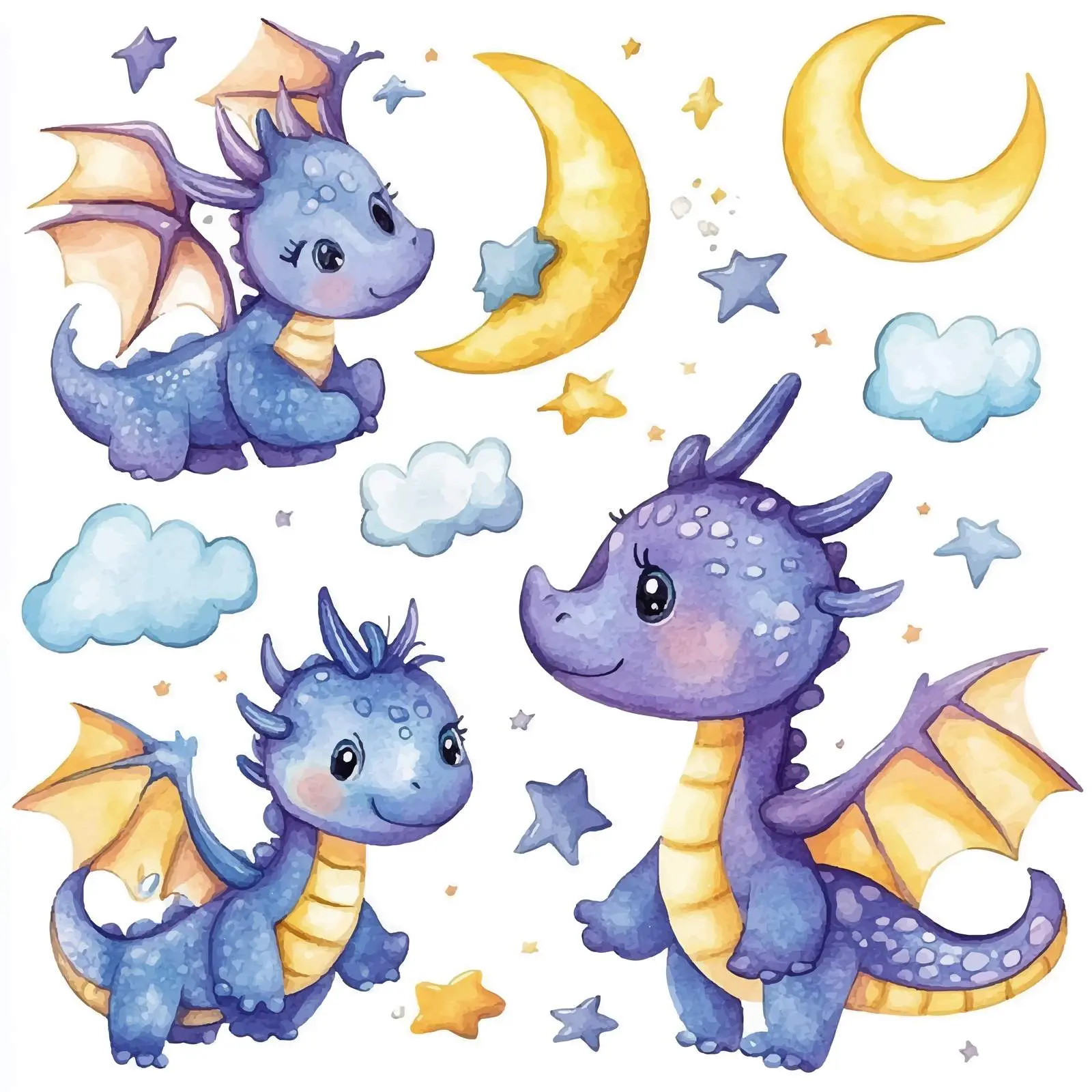 Cute Watercolor Dragons with Clouds and Stars – free fantasy world image from Dotvec