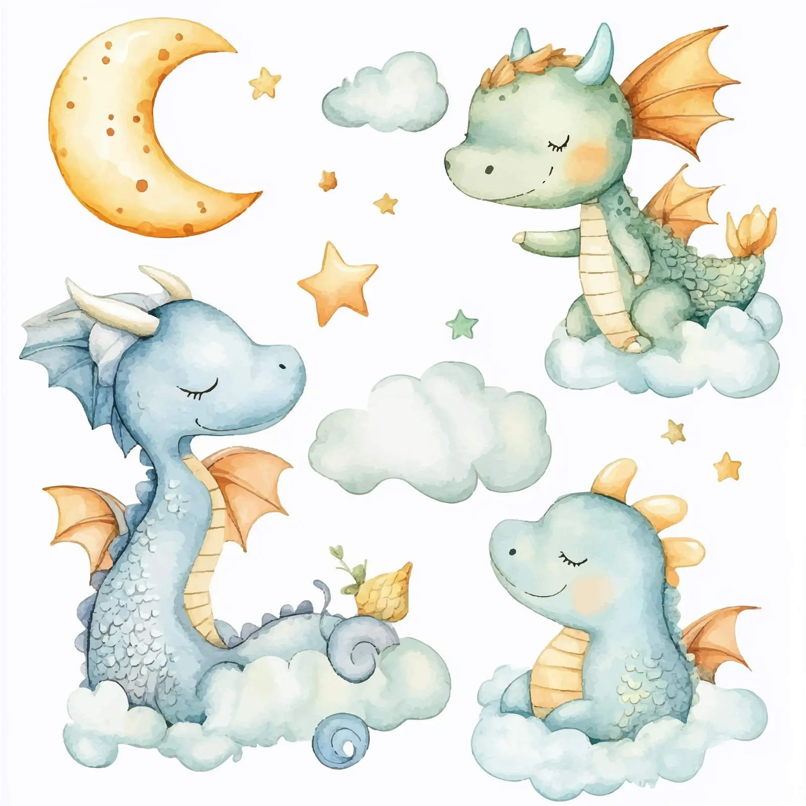 Cute Dragons with Clouds, Moon, and Stars Watercolor Set — free download from Dotvec