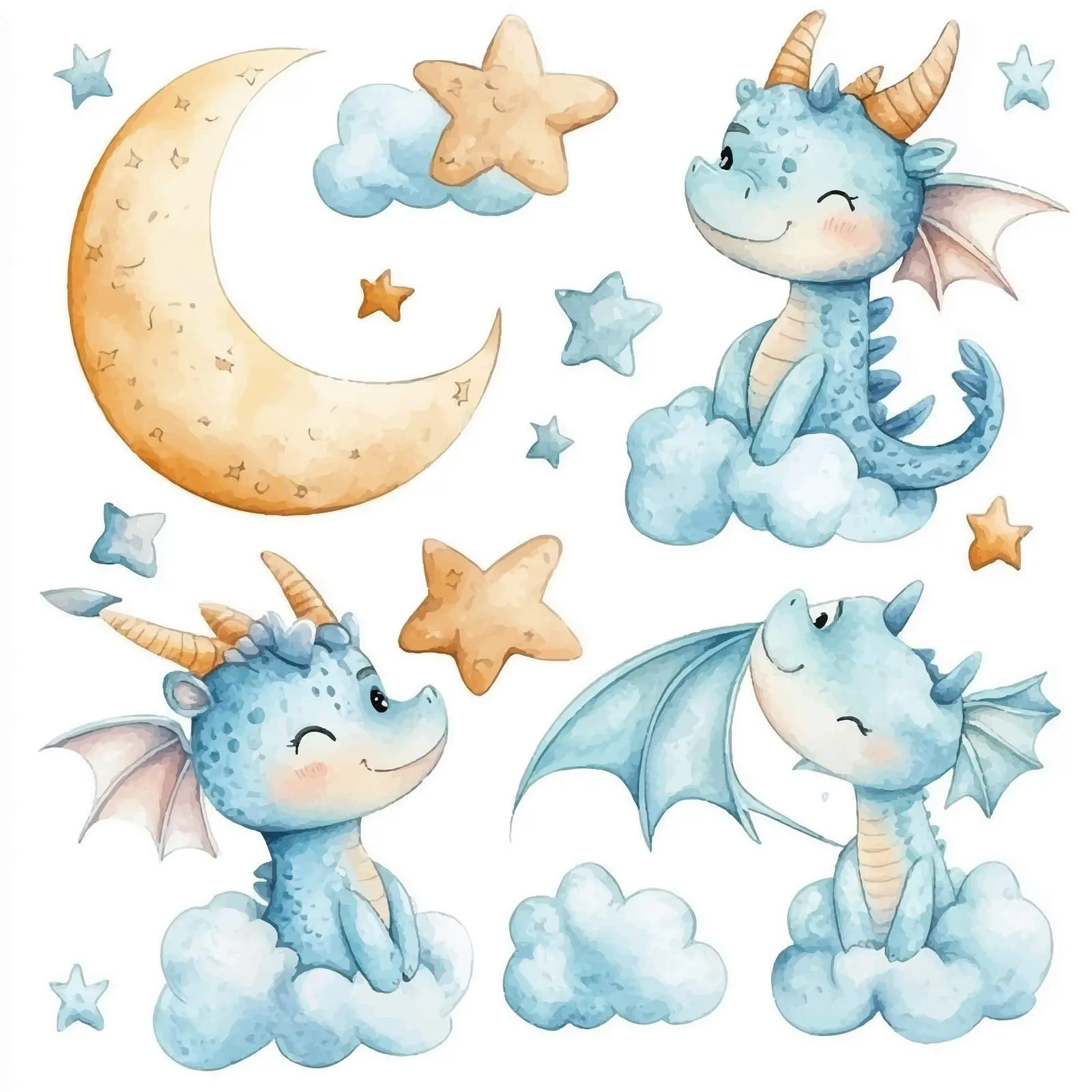 Cute Watercolor Dragons with Clouds and Stars — free download from Dotvec