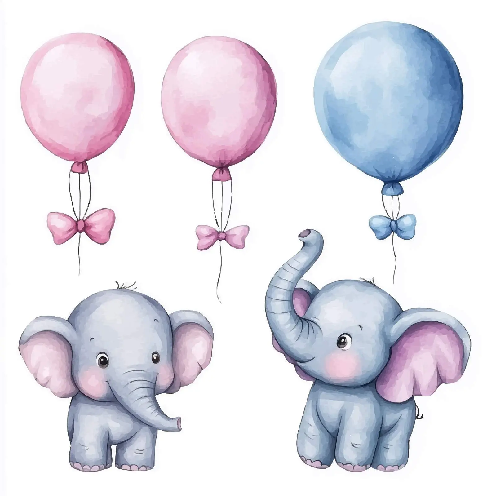 Cute Cartoon Elephants with Balloons Watercolor Set – free unique illustrations image from Dotvec