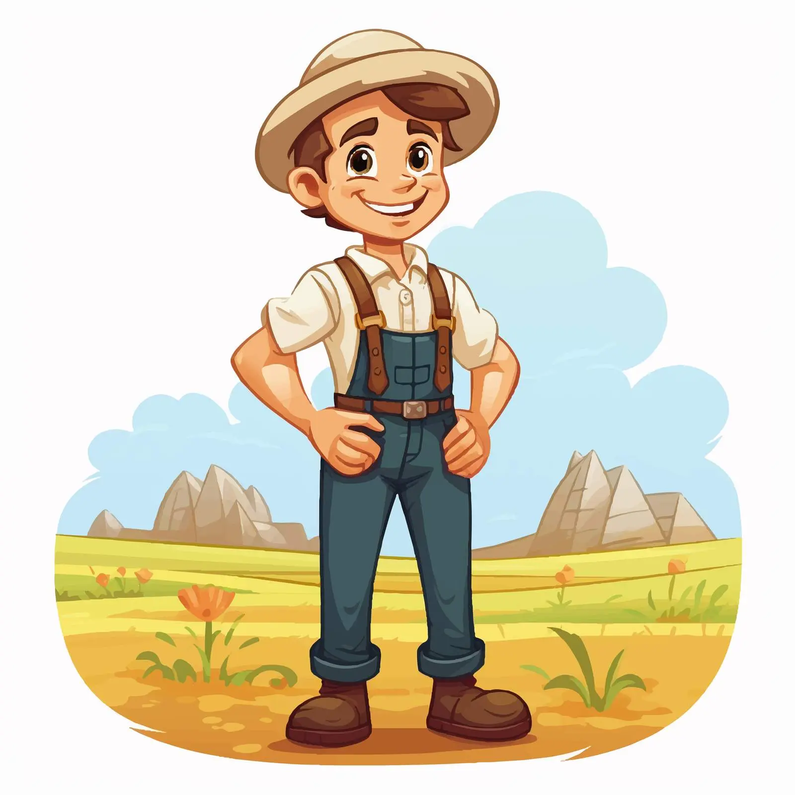 Cute Cartoon Farmer Character in Rural Landscape — free download from Dotvec