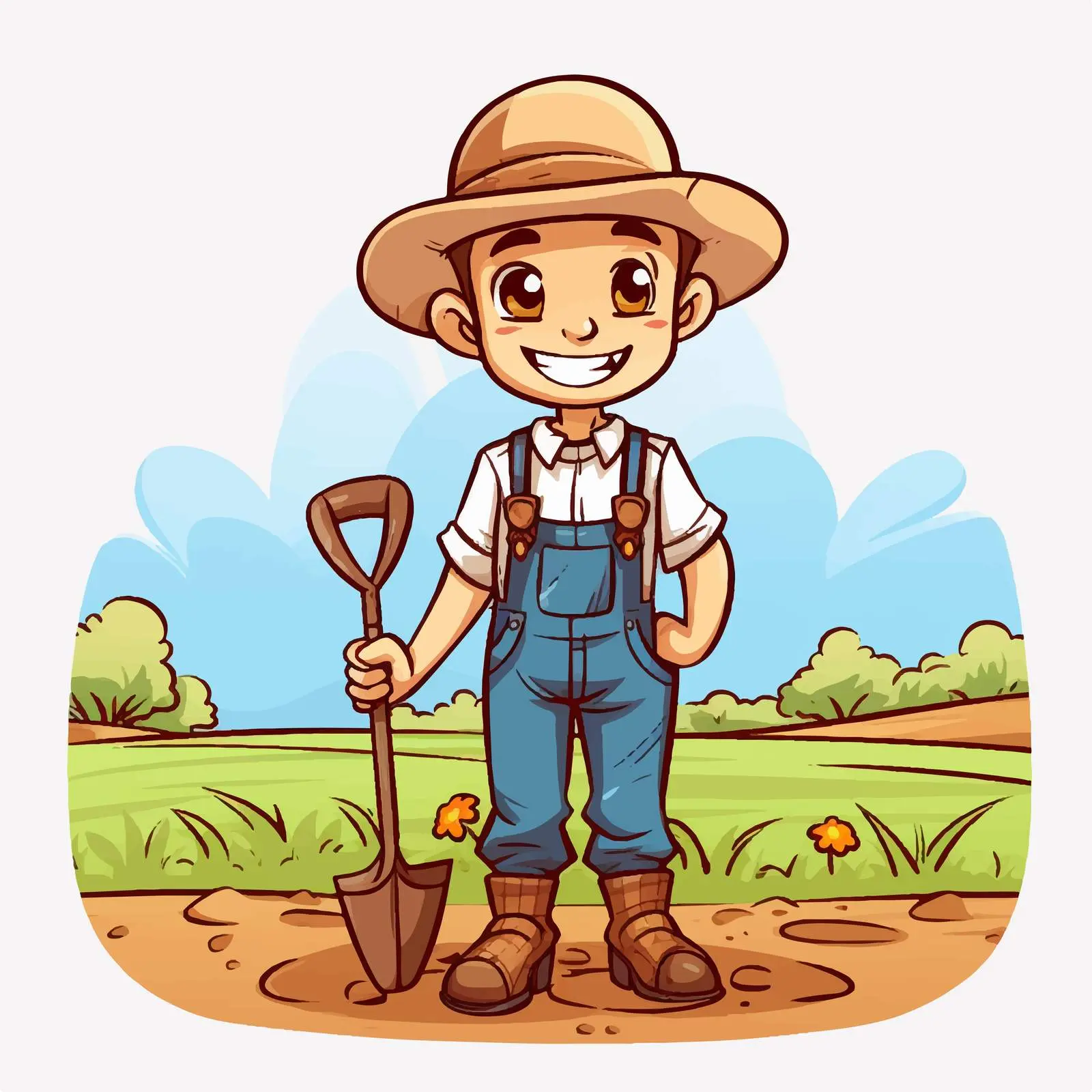 Cute Cartoon Farmer in Rural Farm Landscape – free country charm image from Dotvec