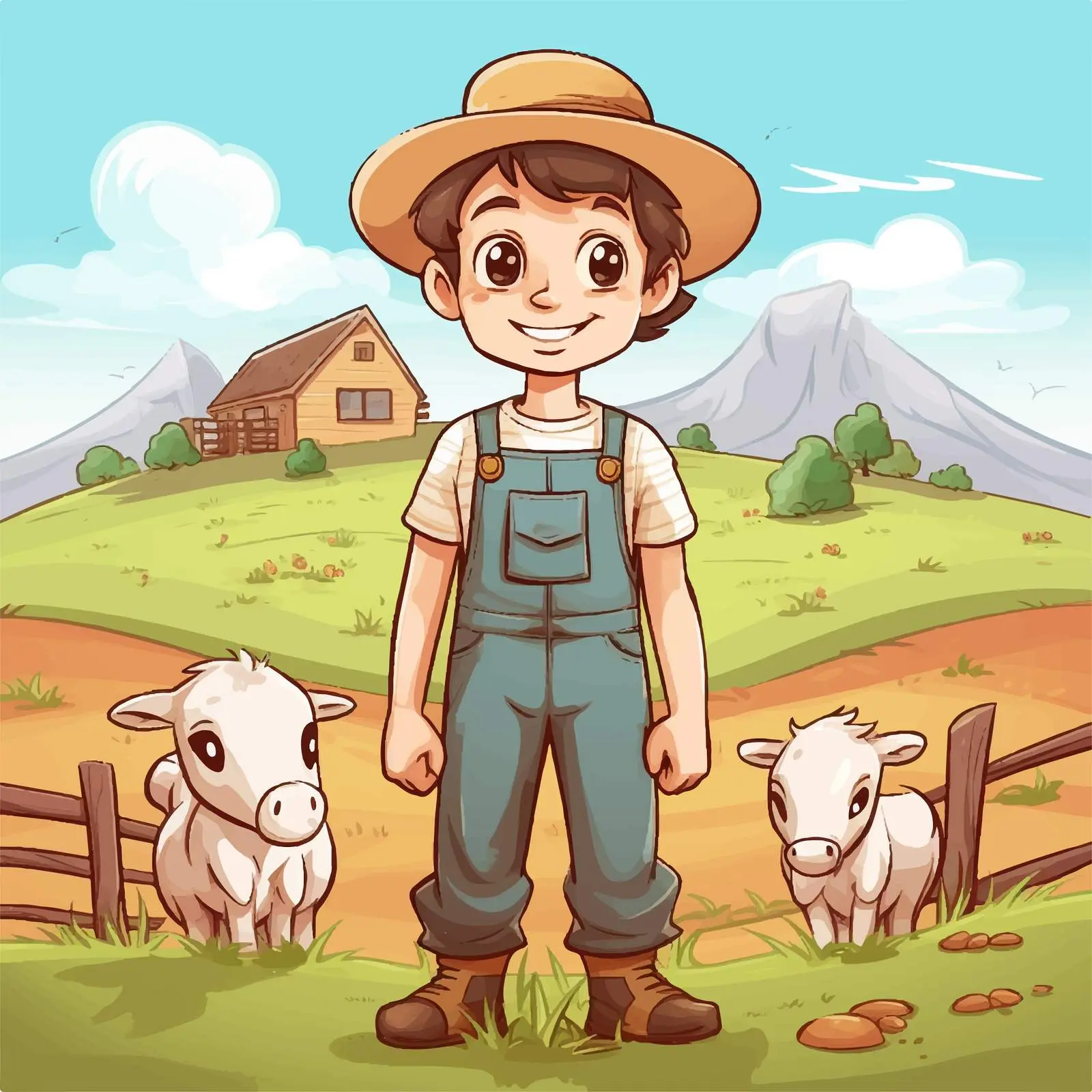Cute Cartoon Farmer Character in Rural Landscape — free download from Dotvec