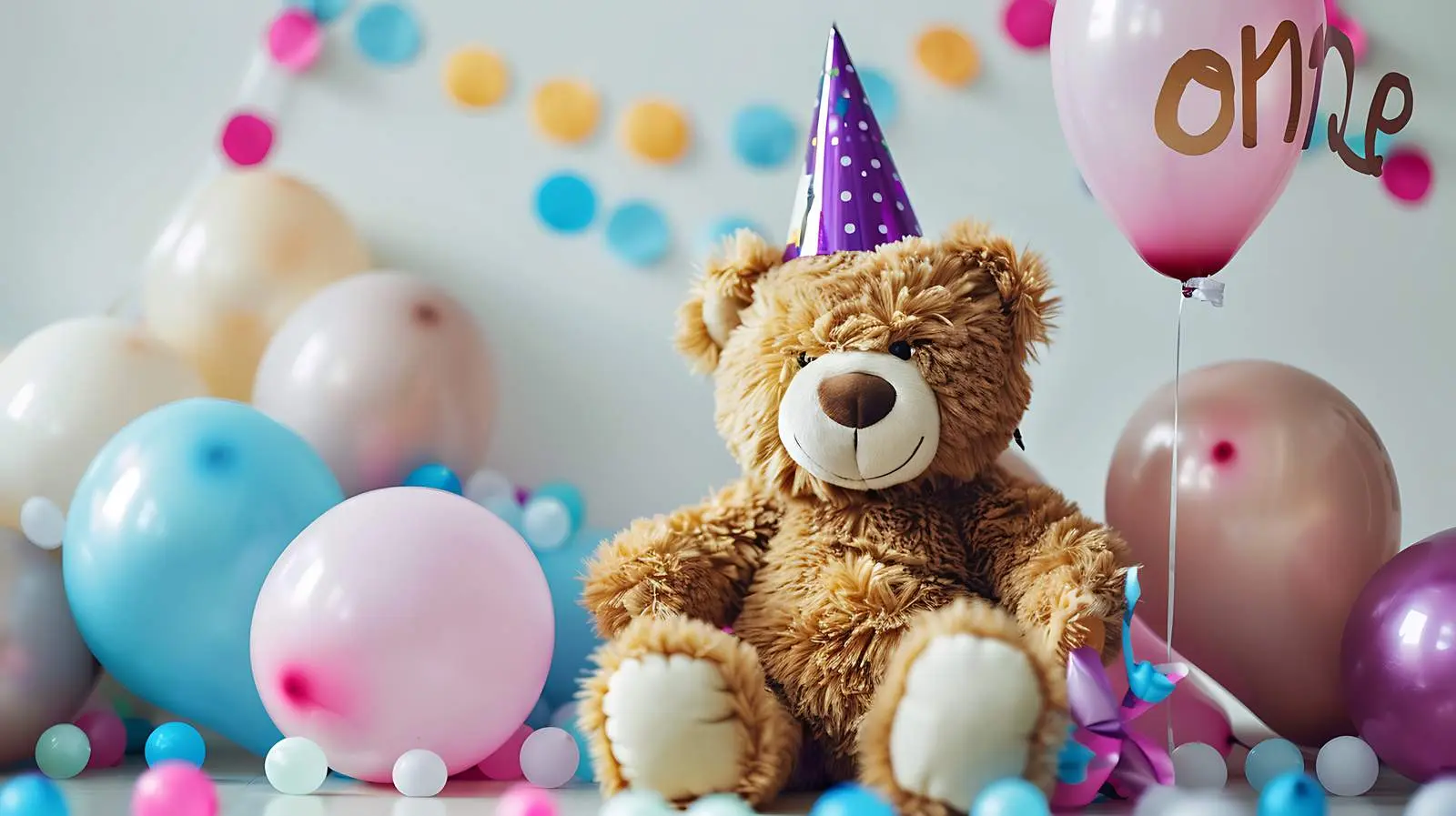 Cute Fluffy Teddy Bear with Party Hat and Balloon – free animal image from Dotvec