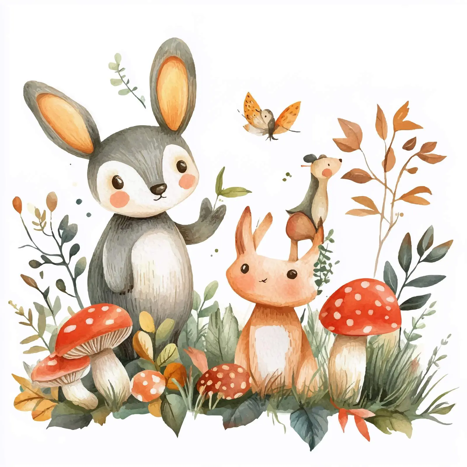 Cute Forest Animals with Mushrooms and Leaves – free wild animals image from Dotvec