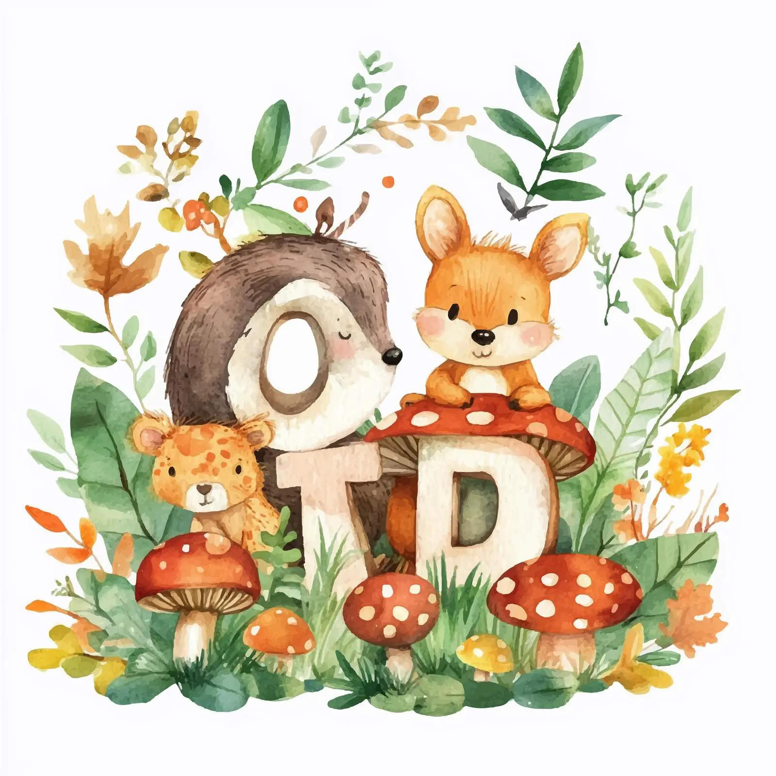 Cute Forest Animals with Mushrooms and Leaves – free wild animals image from Dotvec
