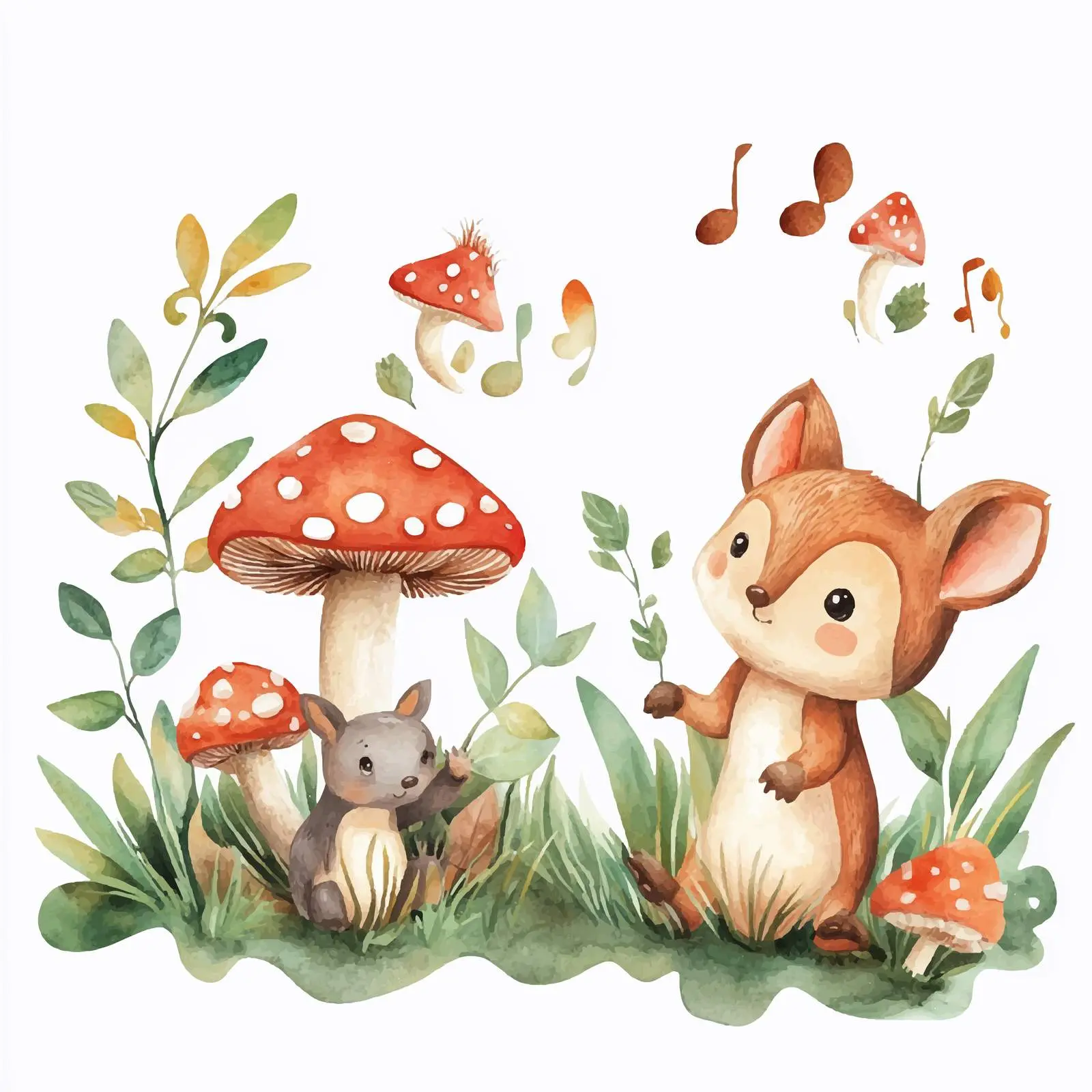 Cute Forest Animals with Mushrooms and Leaves – free wild animals image from Dotvec