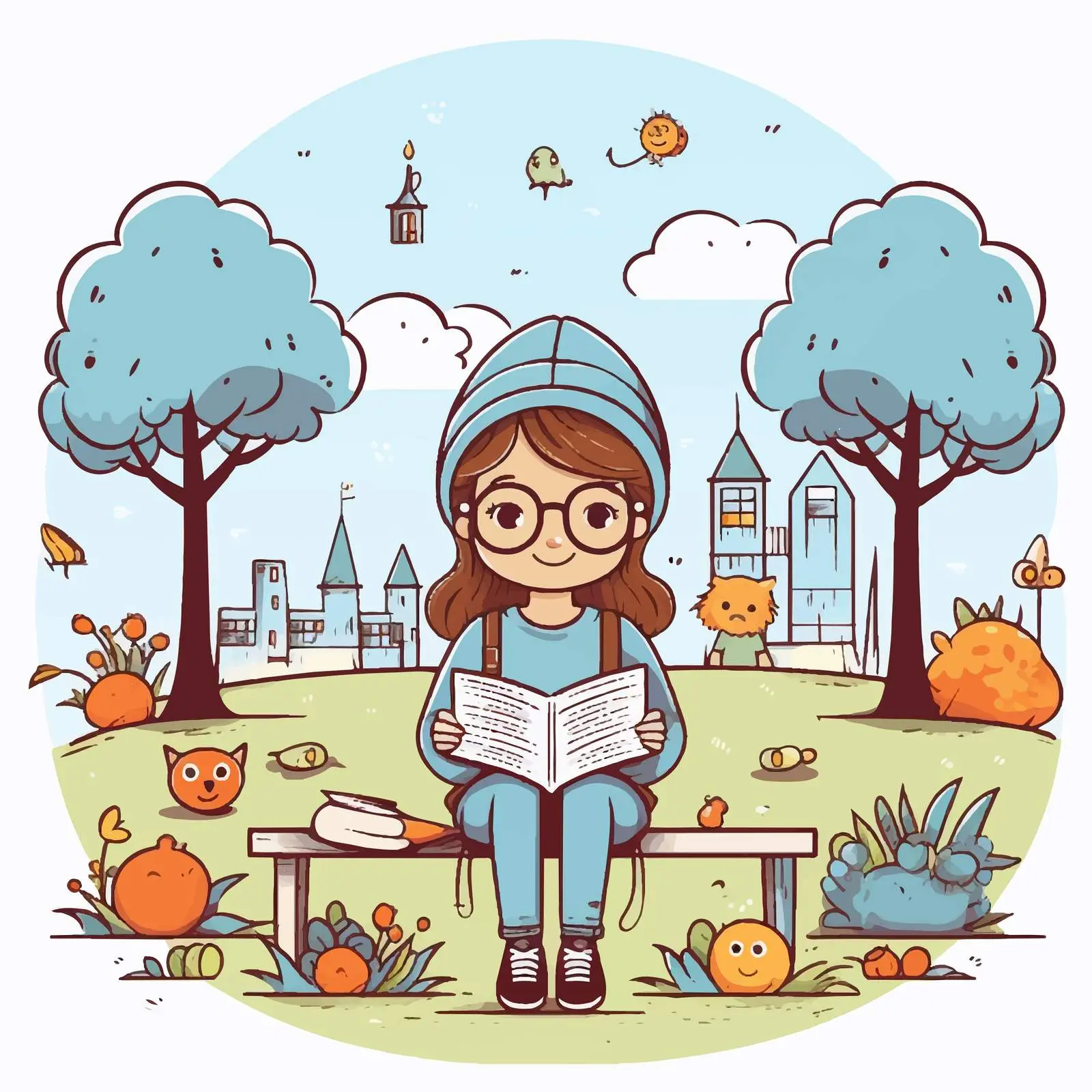Cute Cartoon Girl Reading in the Park — free download from Dotvec