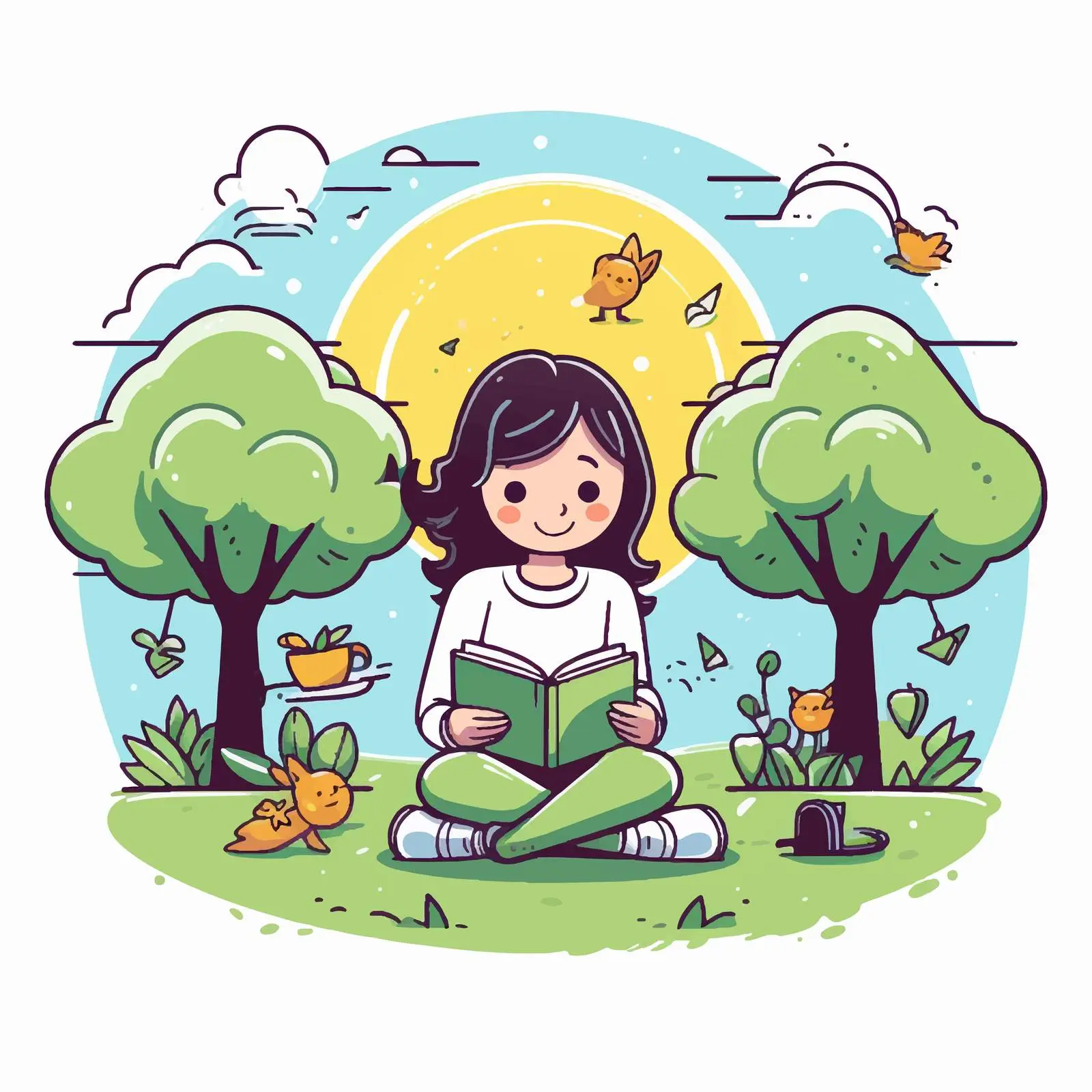 Cute Girl Reading Book in Park Doodle — free download from Dotvec