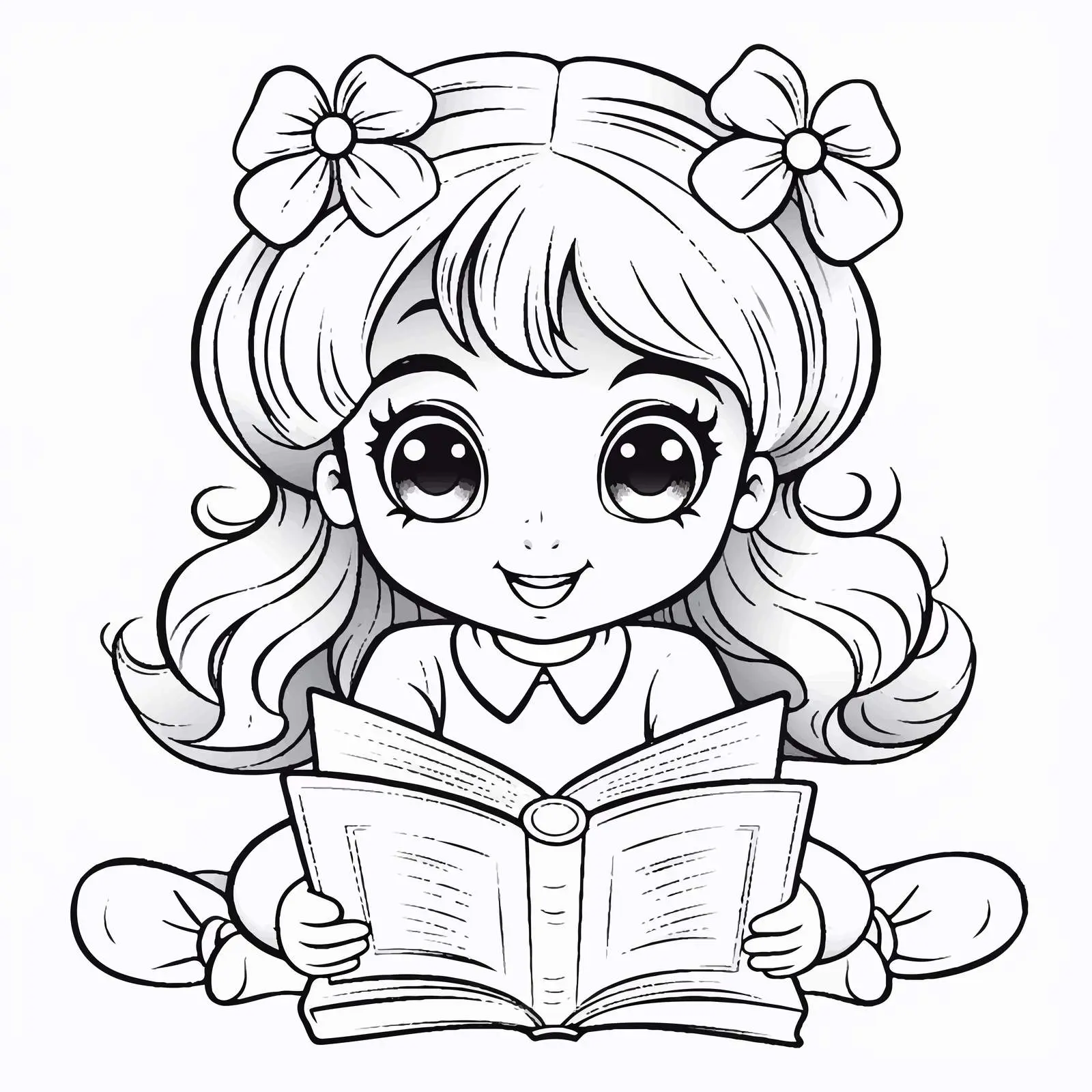 Cute Girl Reading Book Coloring Outline — free download from Dotvec
