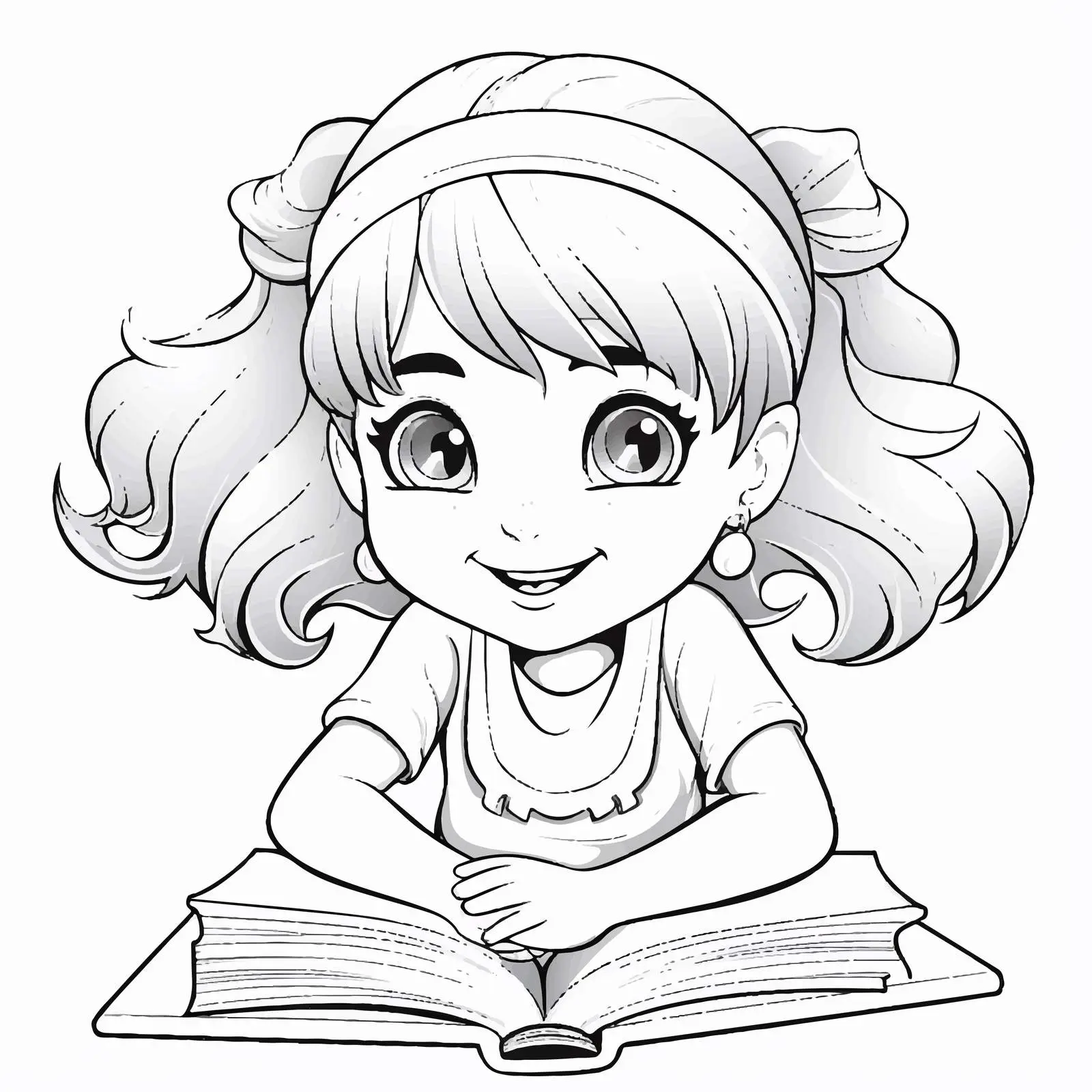 Cute Girl Reading Book Outline for Coloring — free download from Dotvec