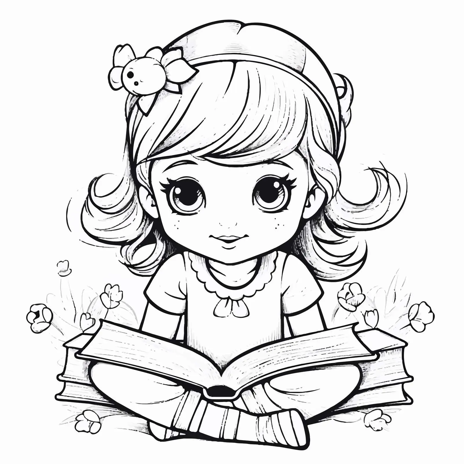 Cute Girl Reading Book Outline for Colouring — free download from Dotvec