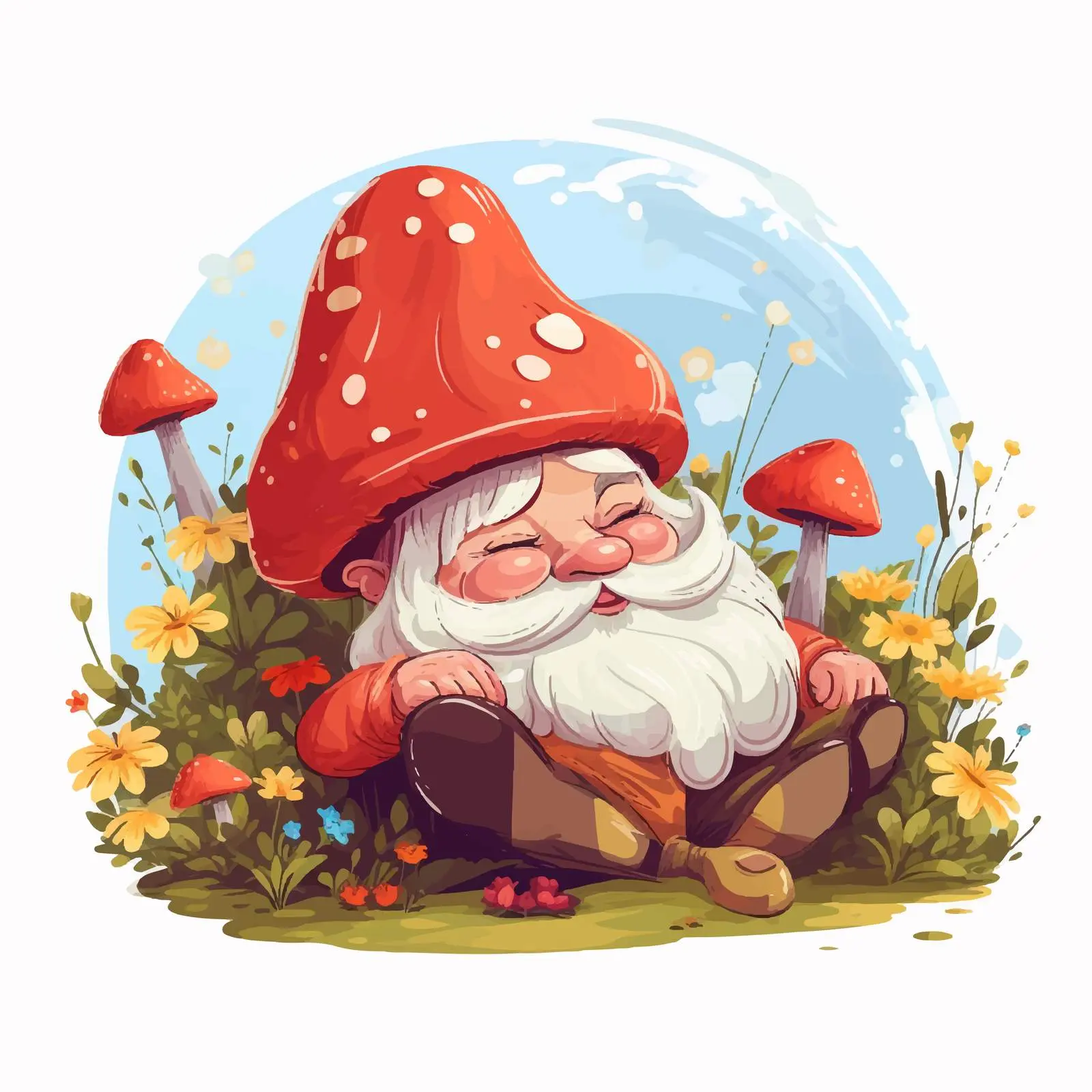 Sleeping Gnome Under a Giant Mushroom – free storybook character image from Dotvec