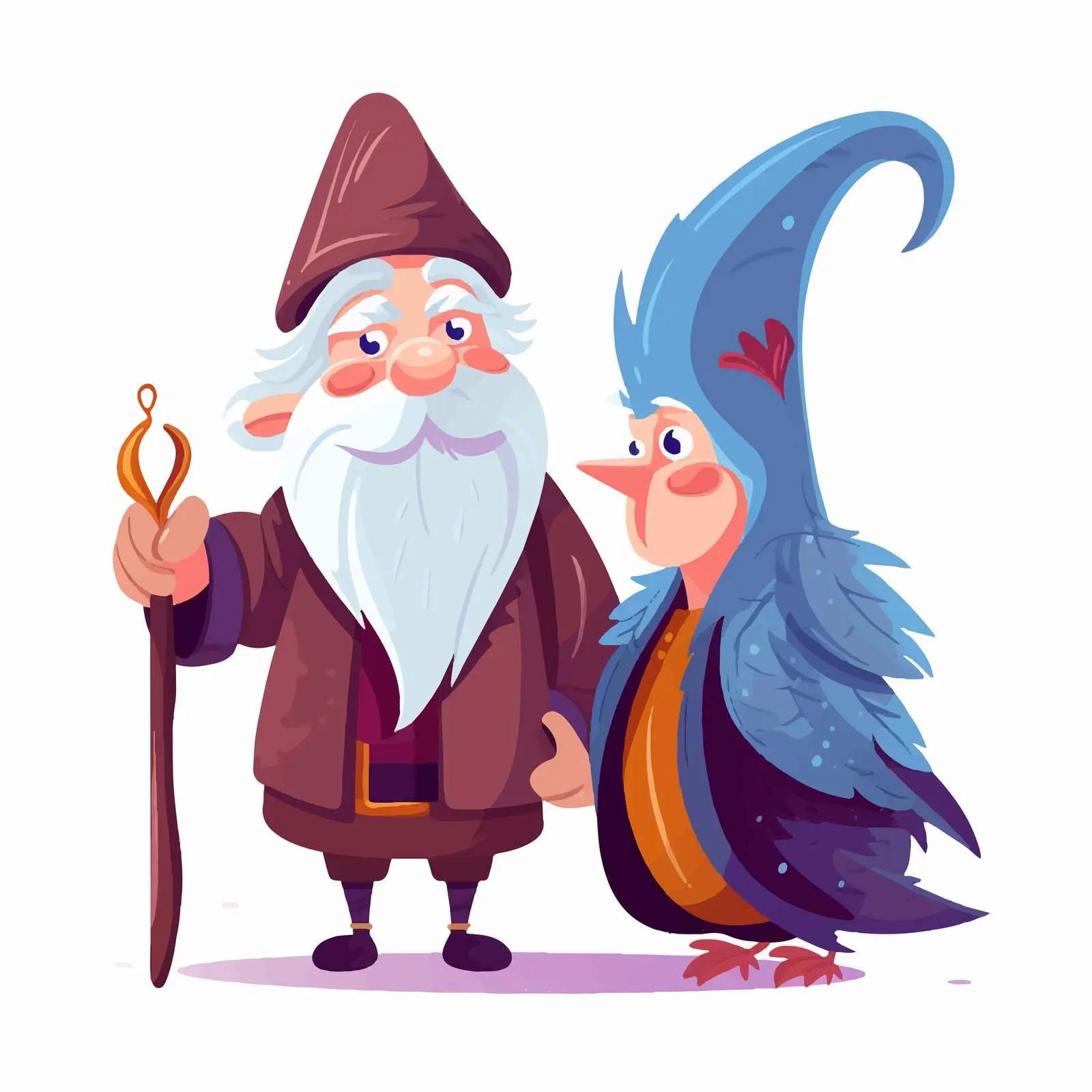 Cute Gnome Sorcerer with Cane and Bird Vector — free download from Dotvec
