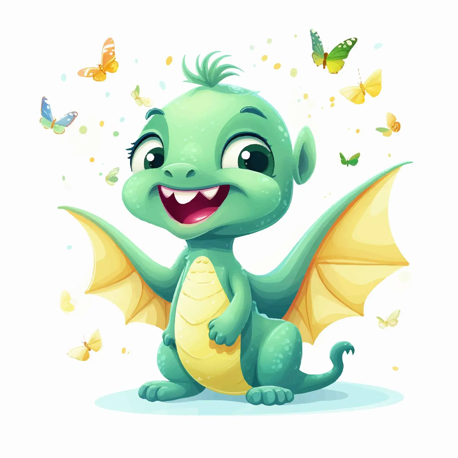Cute Happy Dragon Enjoying Butterflies Vector – free playful dragon image from Dotvec