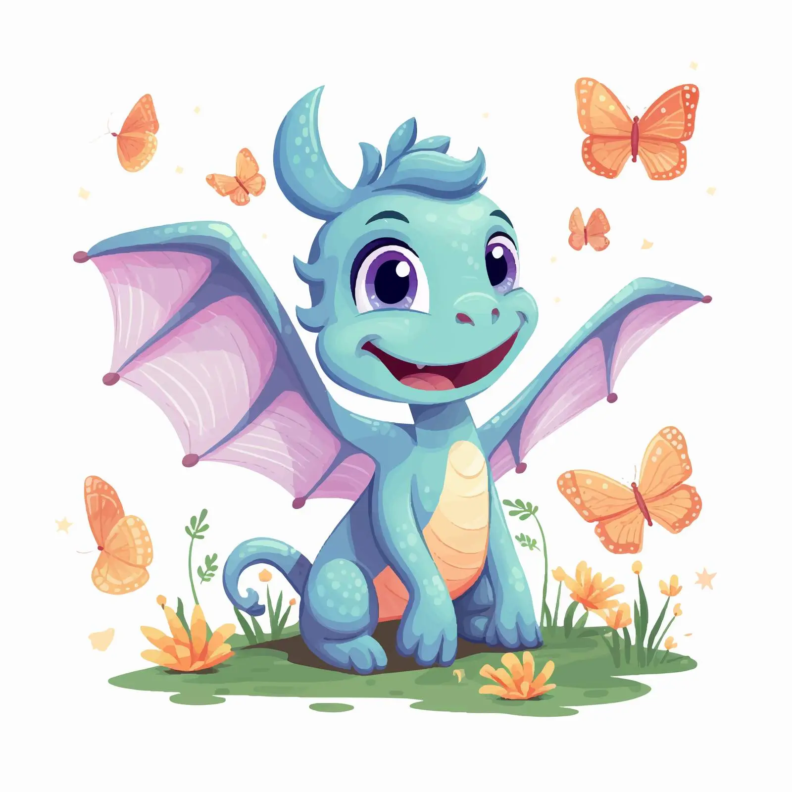 Cute Happy Dragon Enjoying Butterflies — free download from Dotvec