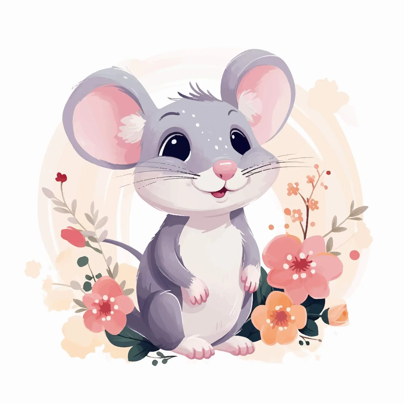 Cute Happy Rat with Flowers and Ornament – free rat character image from Dotvec
