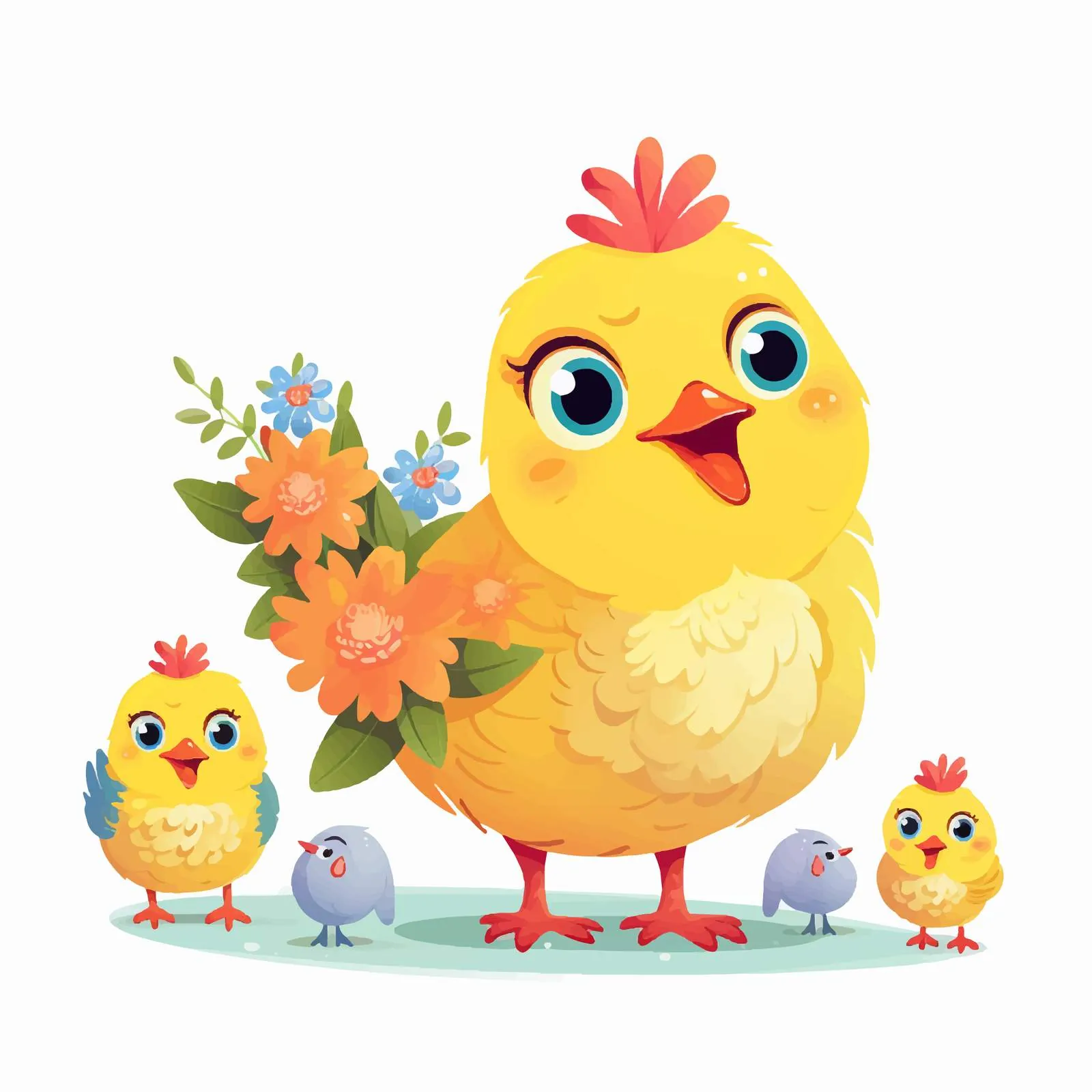 Funny Hen with Yellow Chick and Babies — free download from Dotvec