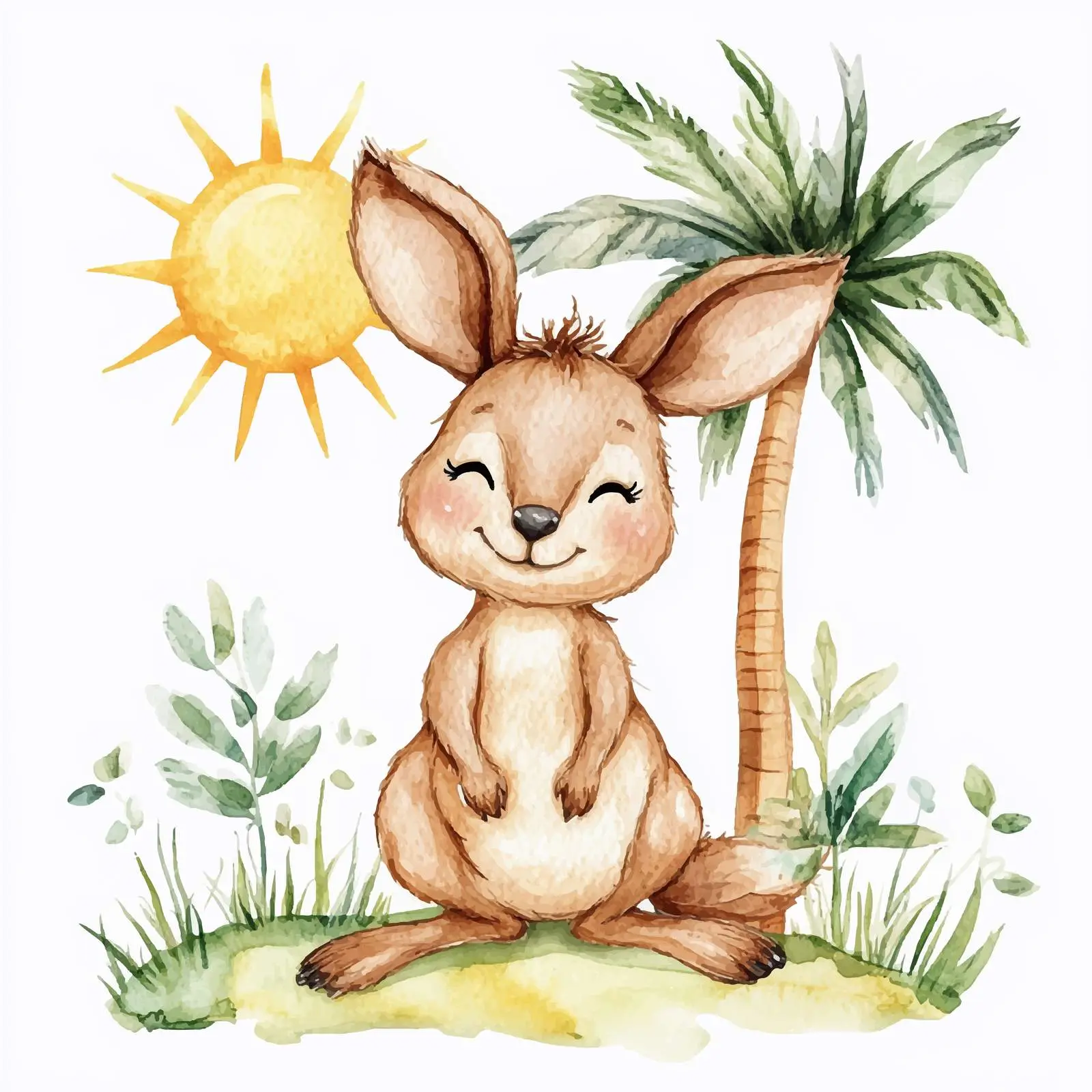 Cute Kangaroo with Palm Trees in Watercolor – free tropical design image from Dotvec