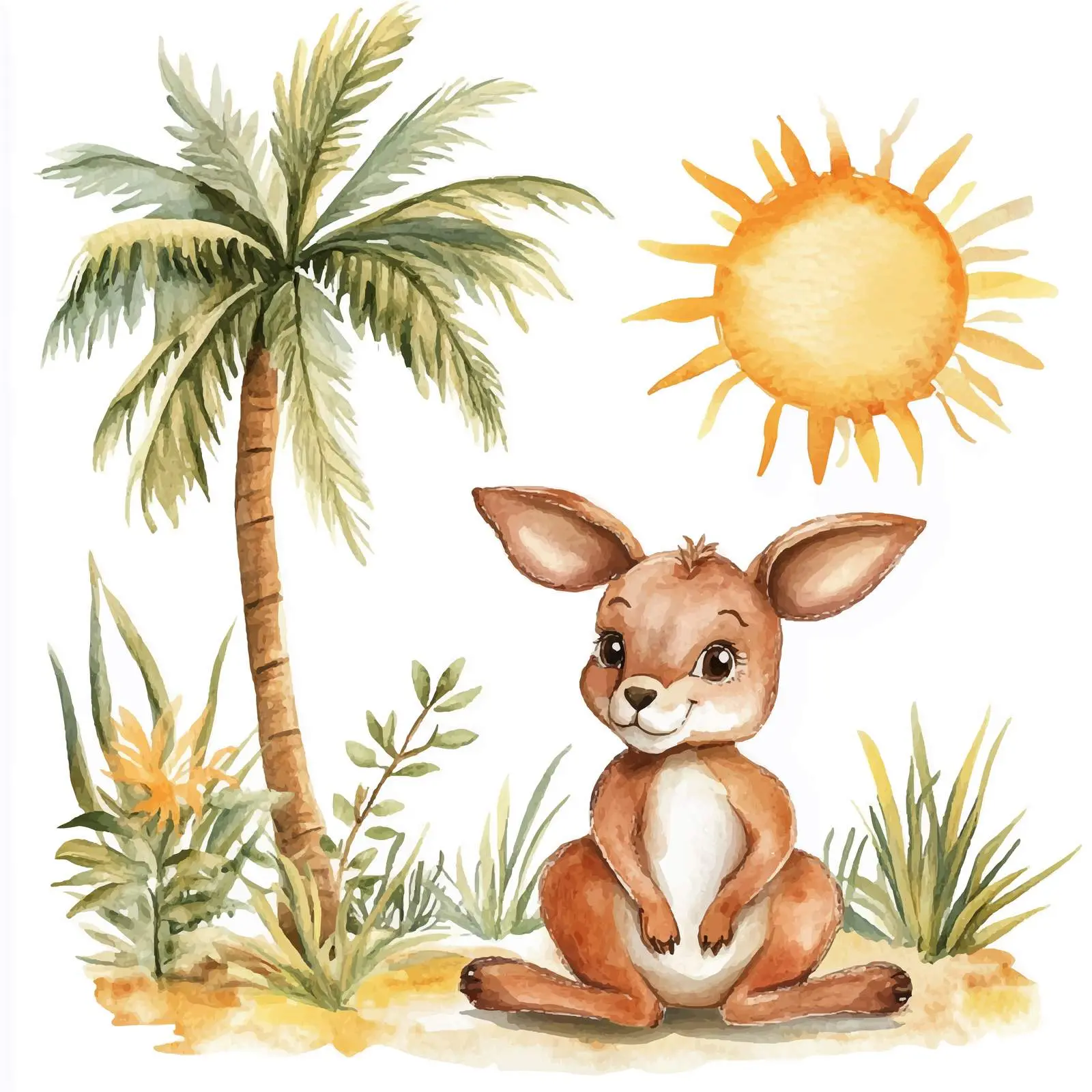 Cute Kangaroo with Palm Trees in Watercolor – free kangaroo image from Dotvec