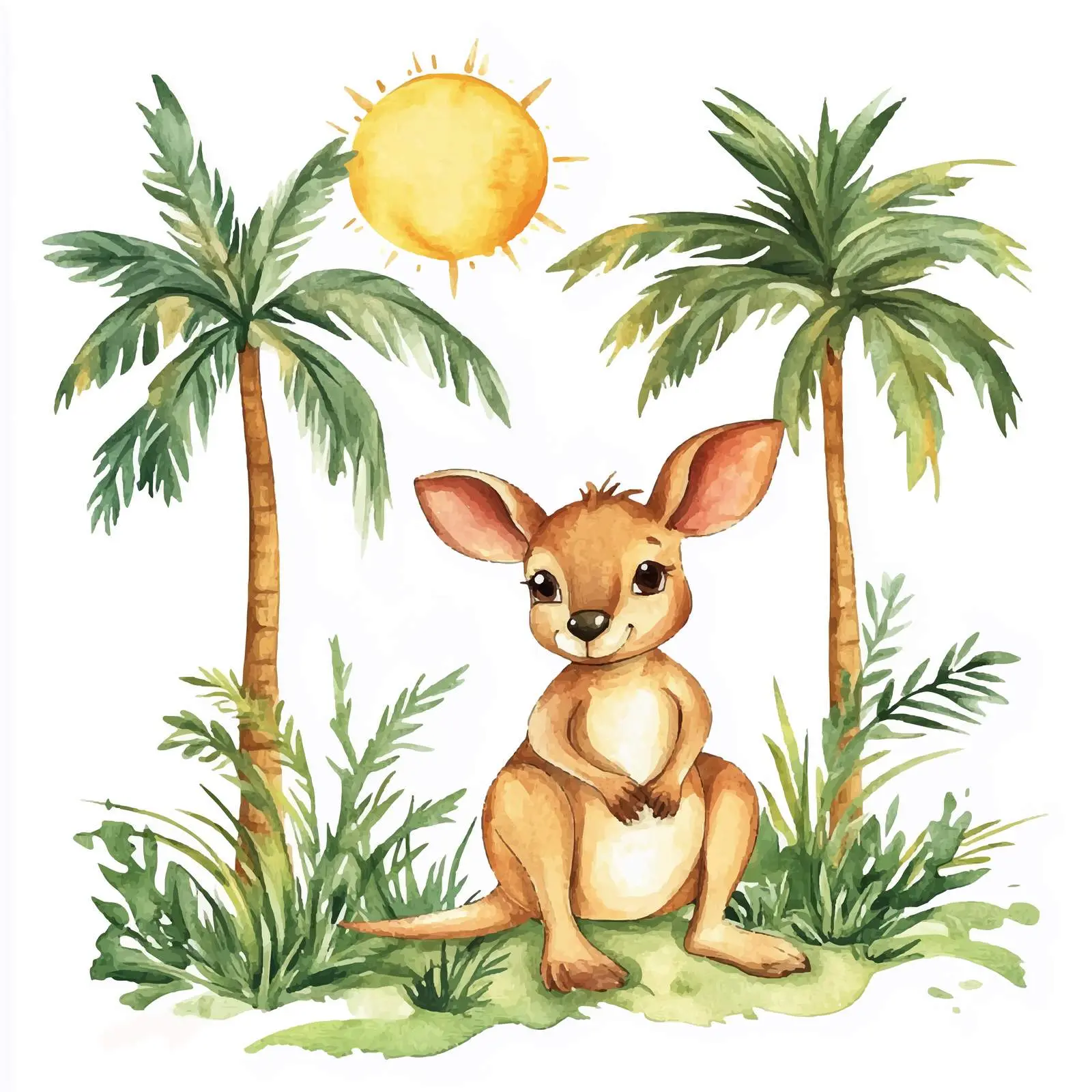 Cute Kangaroo with Palm Trees in Watercolor Style – free kangaroo image from Dotvec