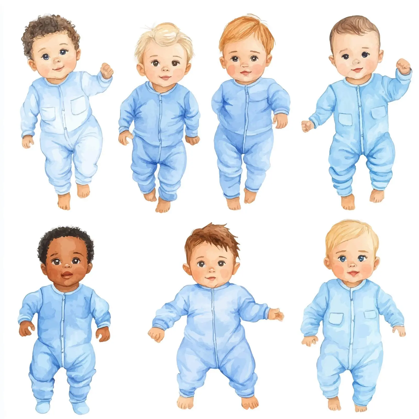 Diverse Newborns in Blue Jumpsuits Vector Art — free download from Dotvec