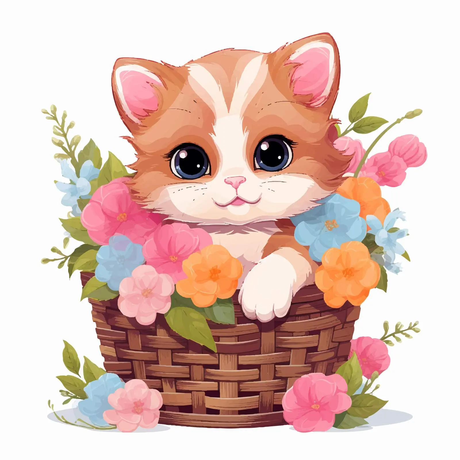 Cute Kitten in Flower Basket Illustration — free download from Dotvec