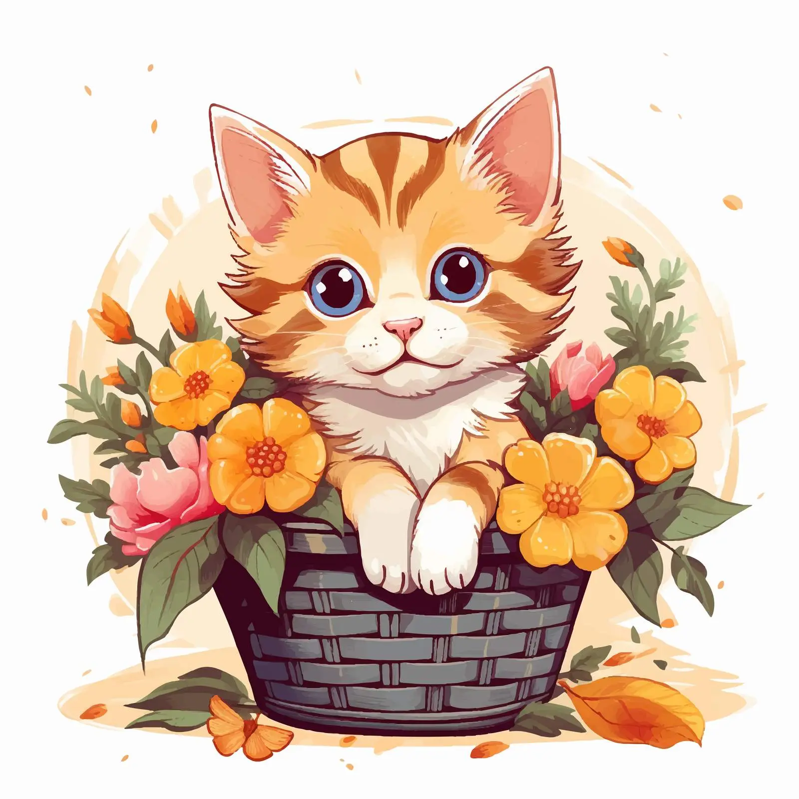 Cute Kitten in Flower Basket Vector Illustration — free download from Dotvec
