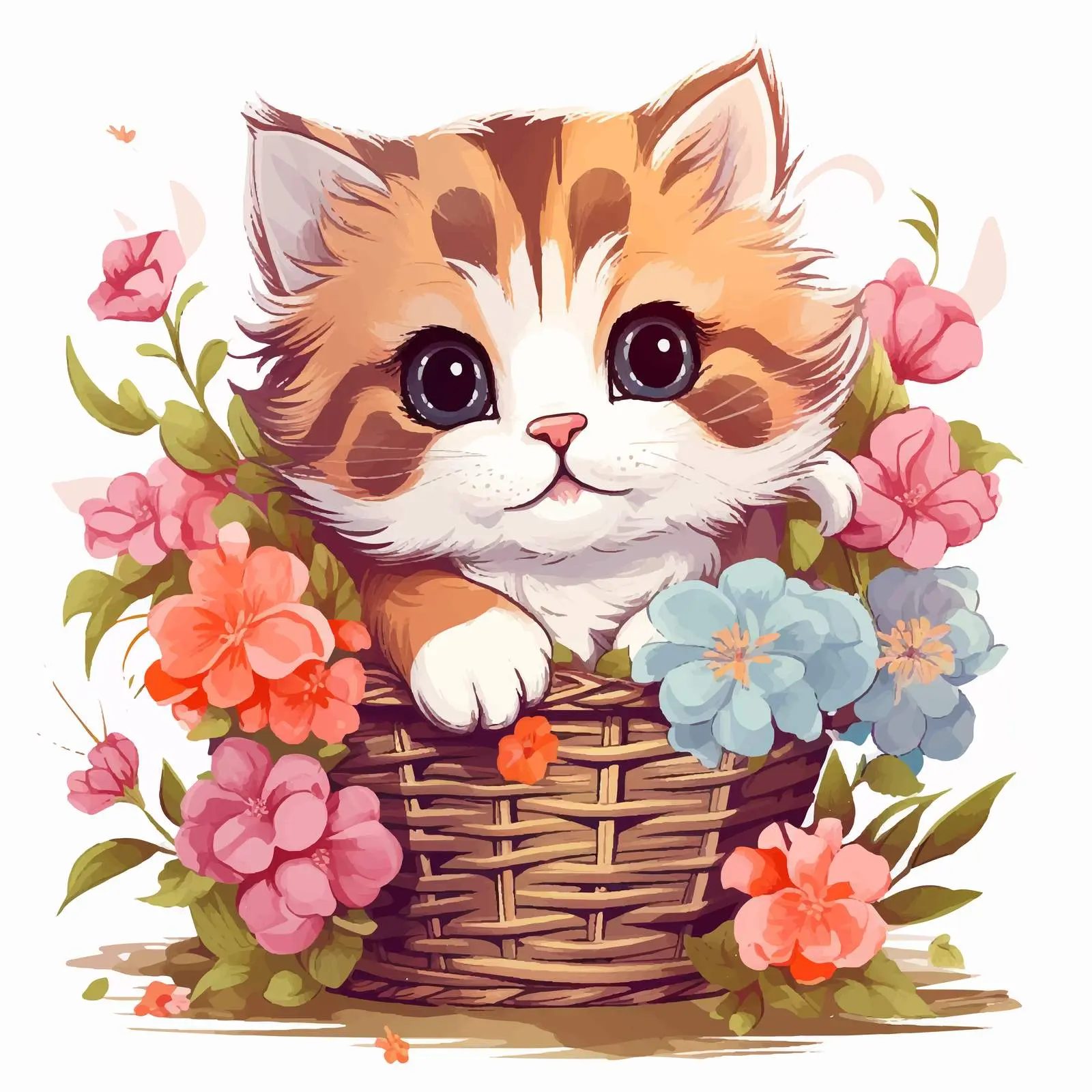 Cute Kitten in Flower Basket Vector Illustration – free vector pet image from Dotvec