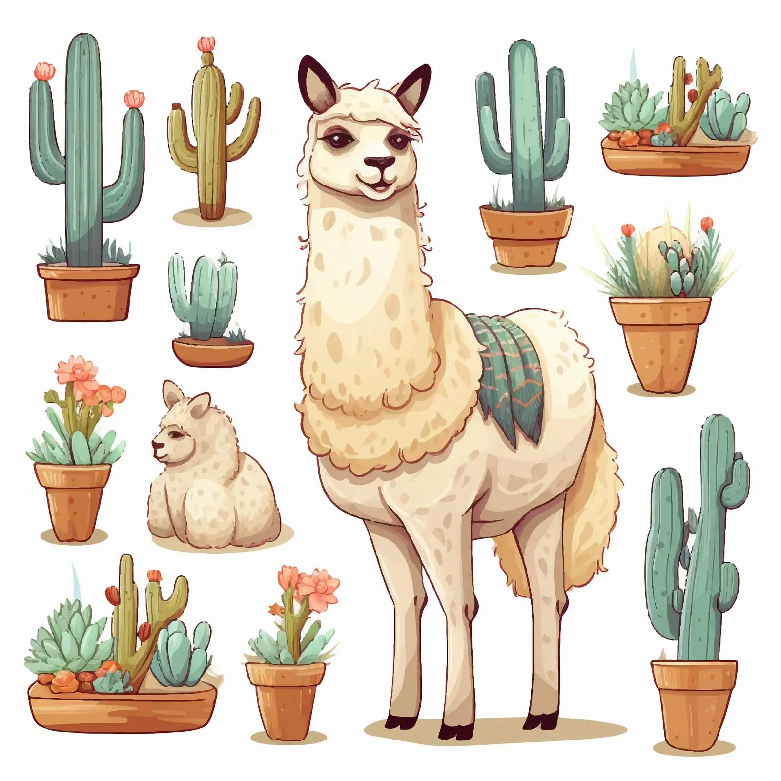 Cute Lama Alpaca with Cactuses Vector Set — free download from Dotvec