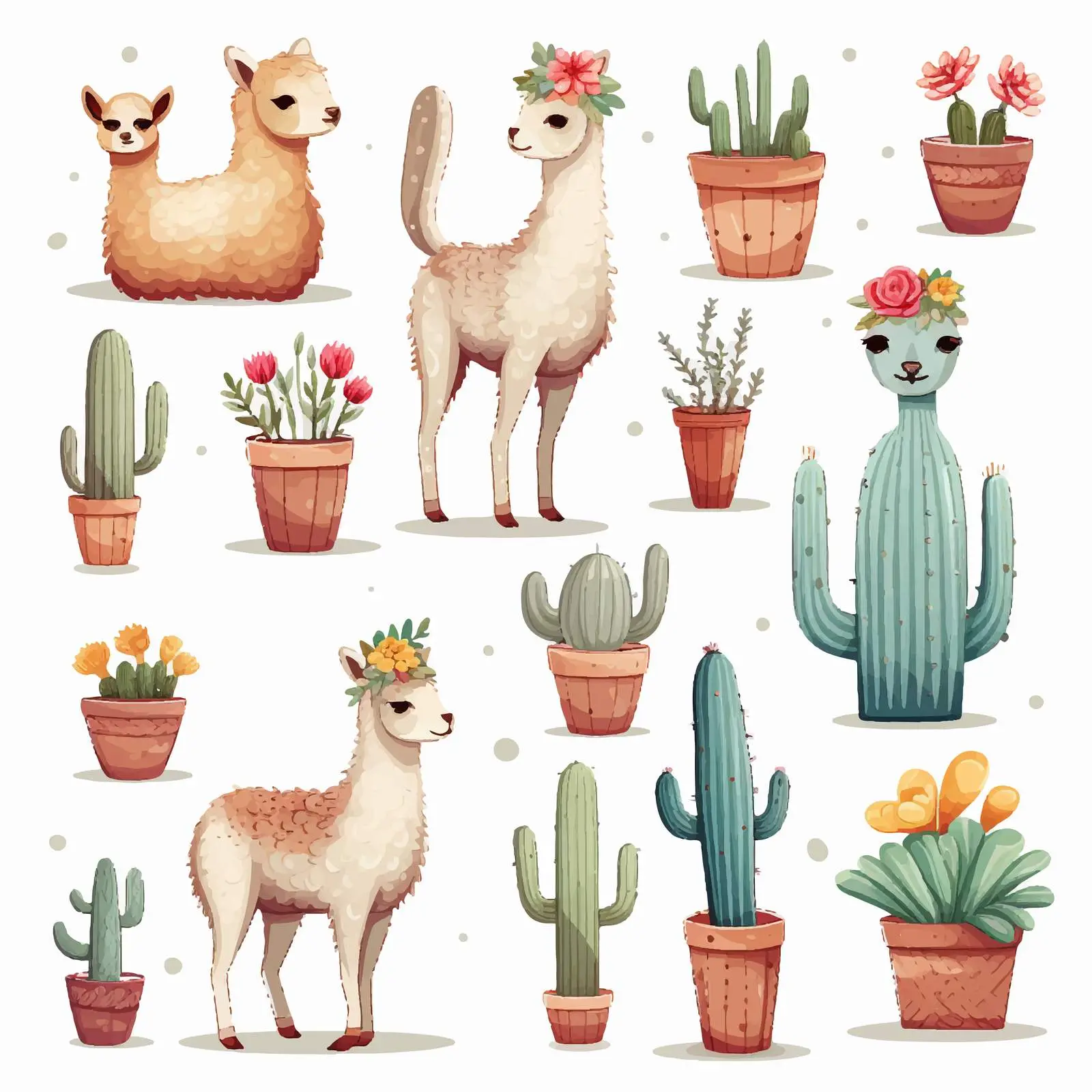 Cute Lama Alpaca with Cactuses Illustration — free download from Dotvec