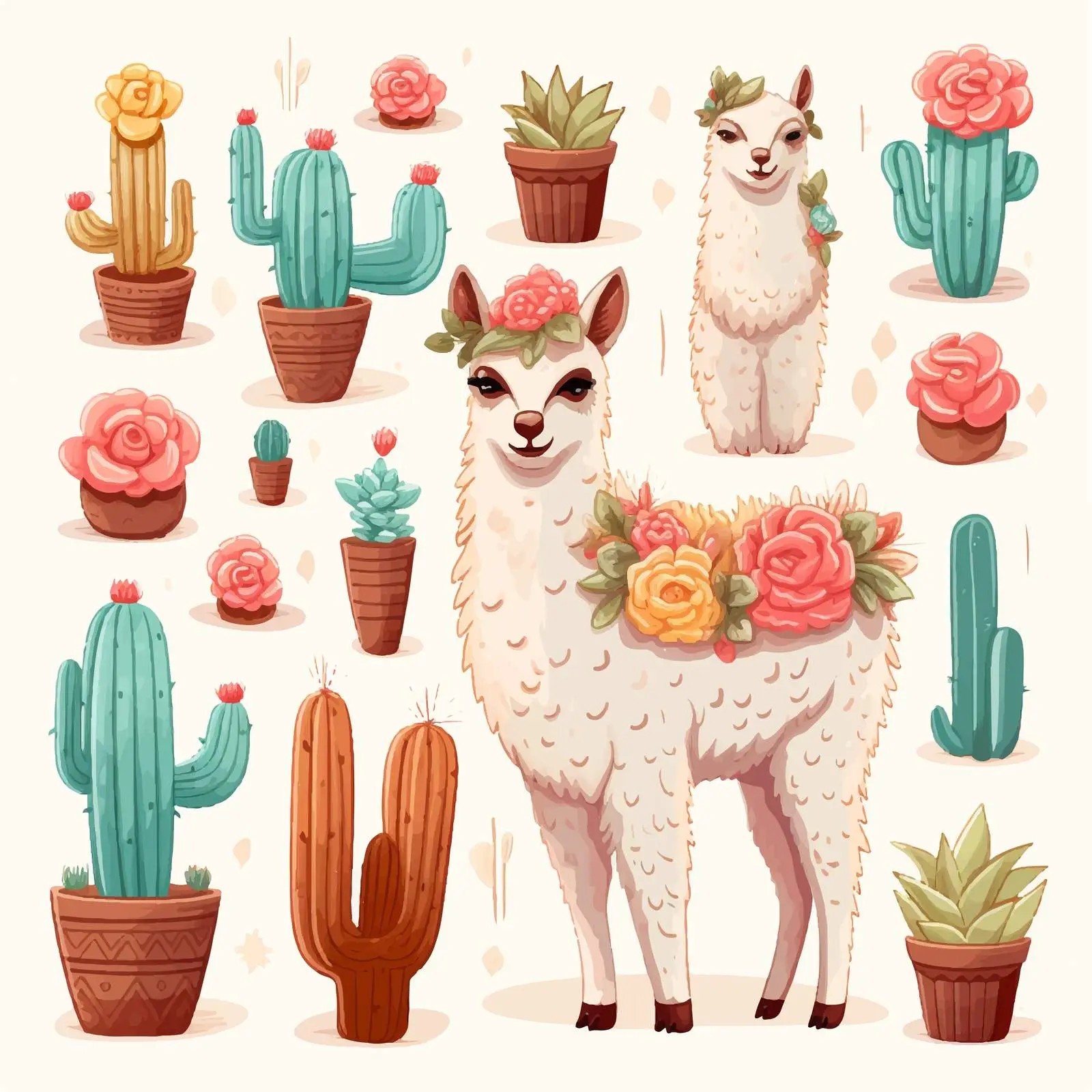 Colorful Cute Lama and Alpaca with Cactuses — free download from Dotvec