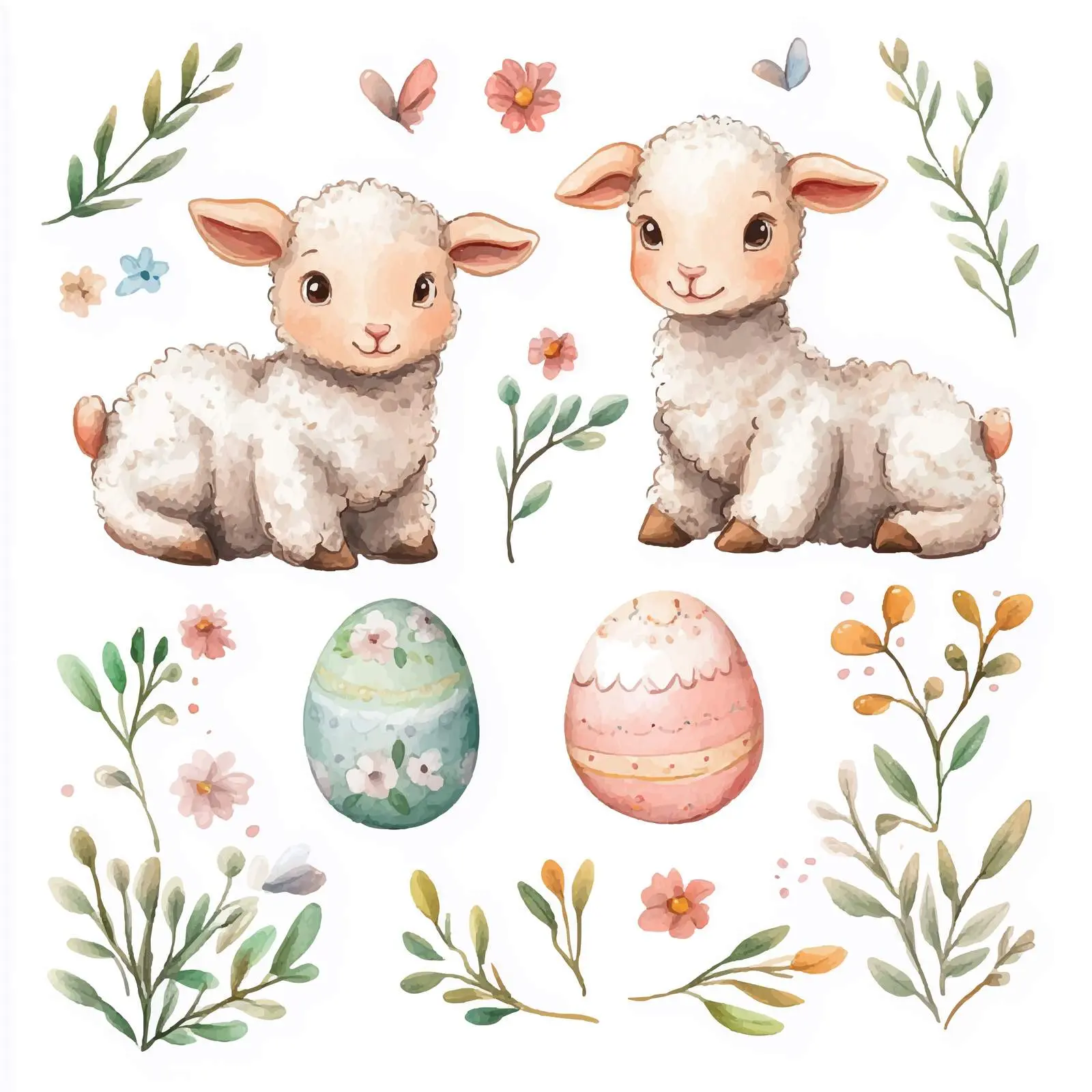 Cute Lambs and Easter Eggs Watercolor Clipart – free festive designs image from Dotvec