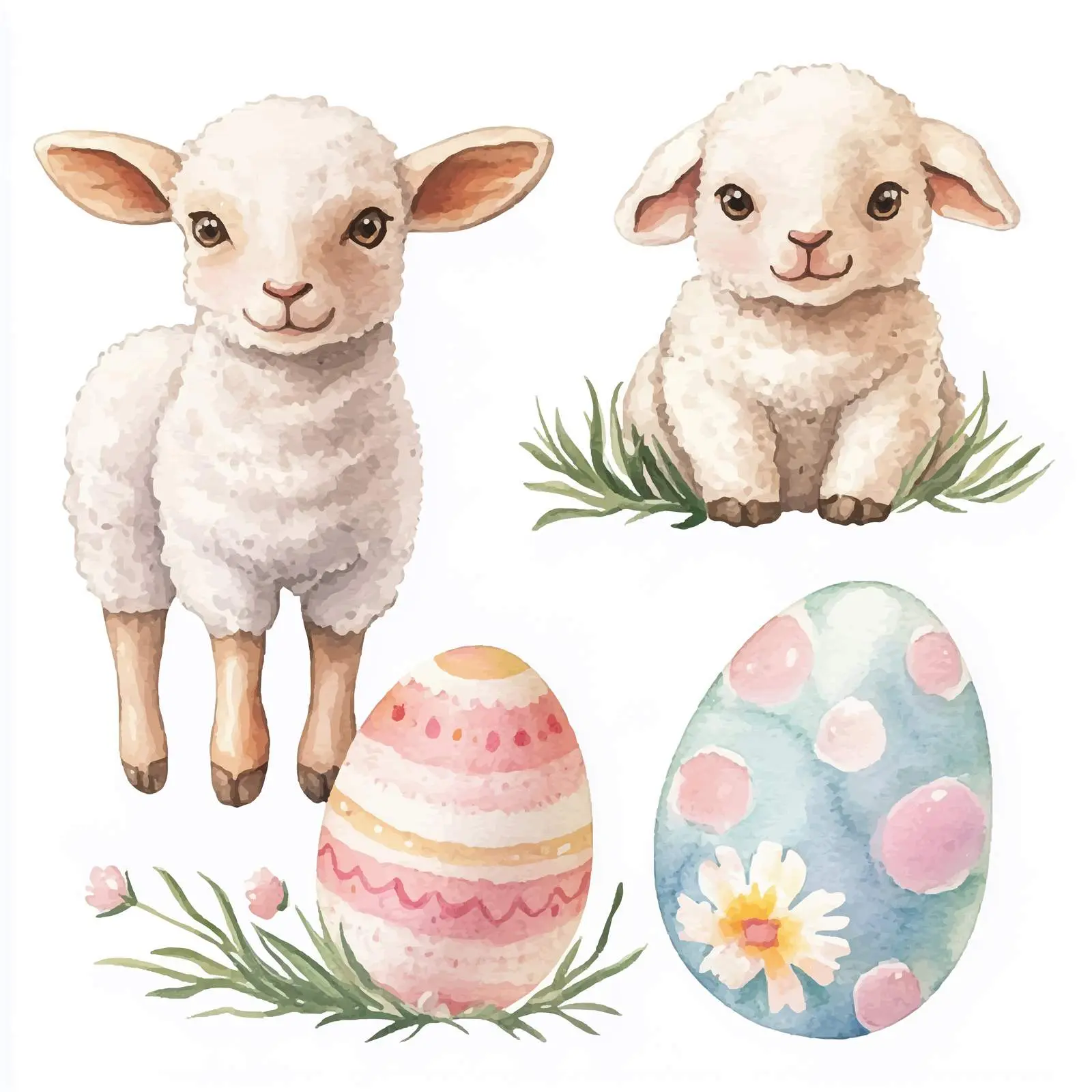 Cute Watercolor Lambs and Easter Eggs Clipart – free isolated elements image from Dotvec