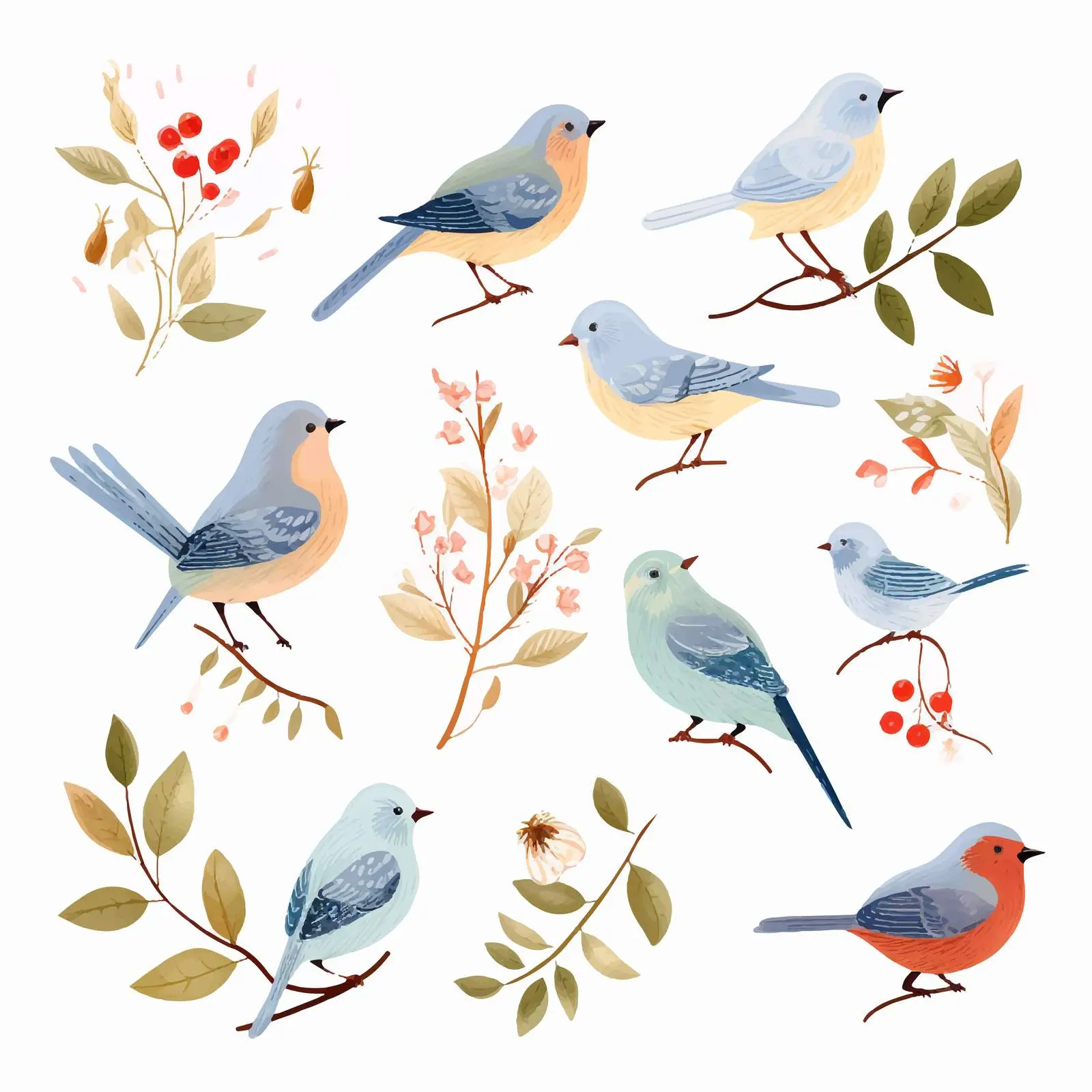 Cute Birds and Leaves Clip Art Kit — free download from Dotvec