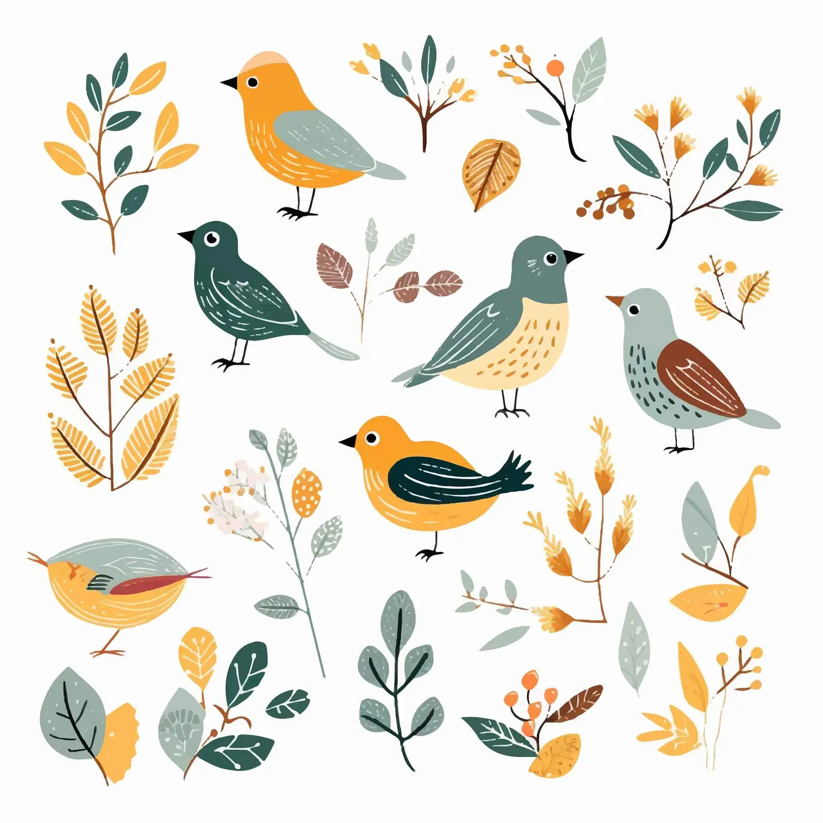 Cute Birds and Leaves Clip Art Set — free download from Dotvec