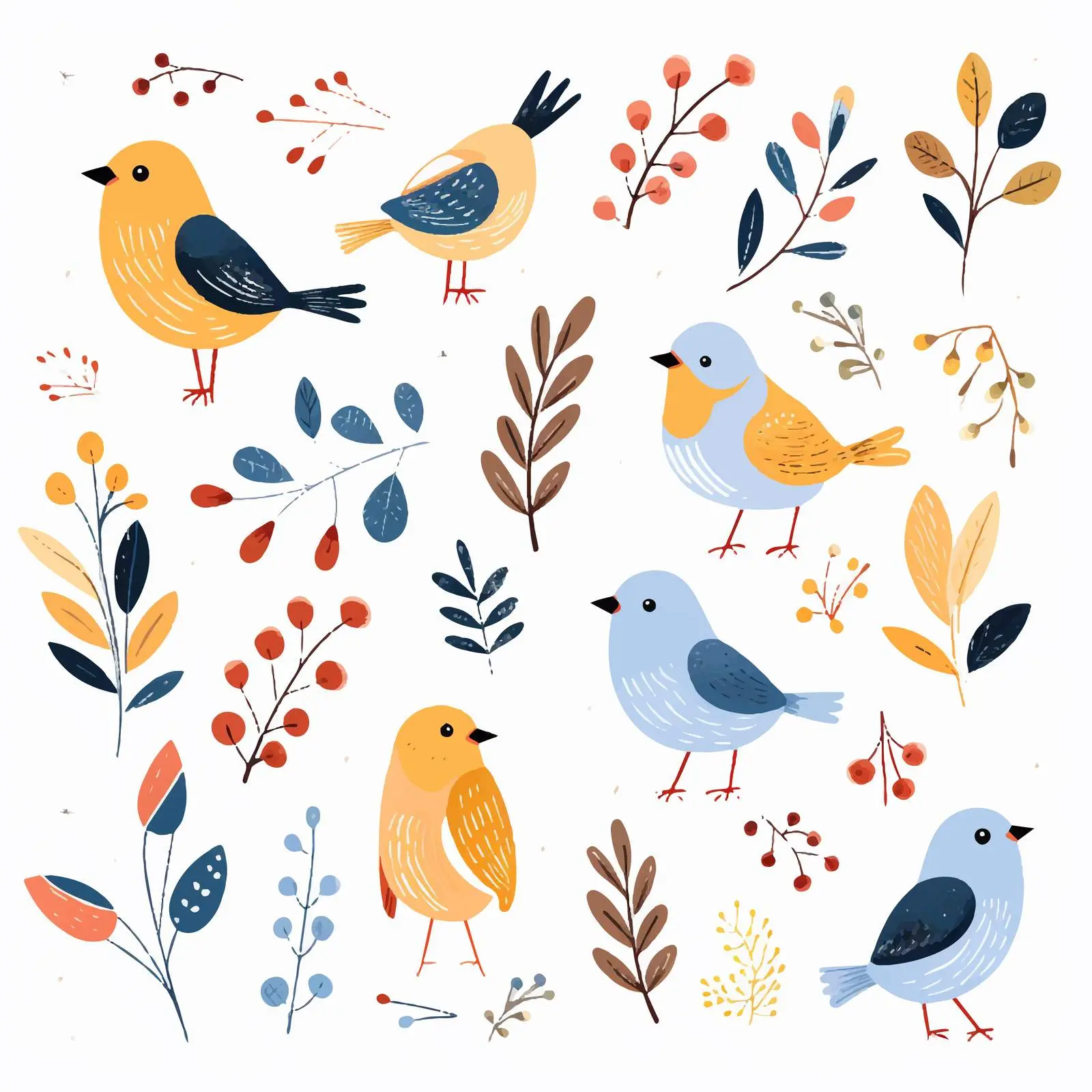 Cute Birds and Leaves Clip Art Set — free download from Dotvec