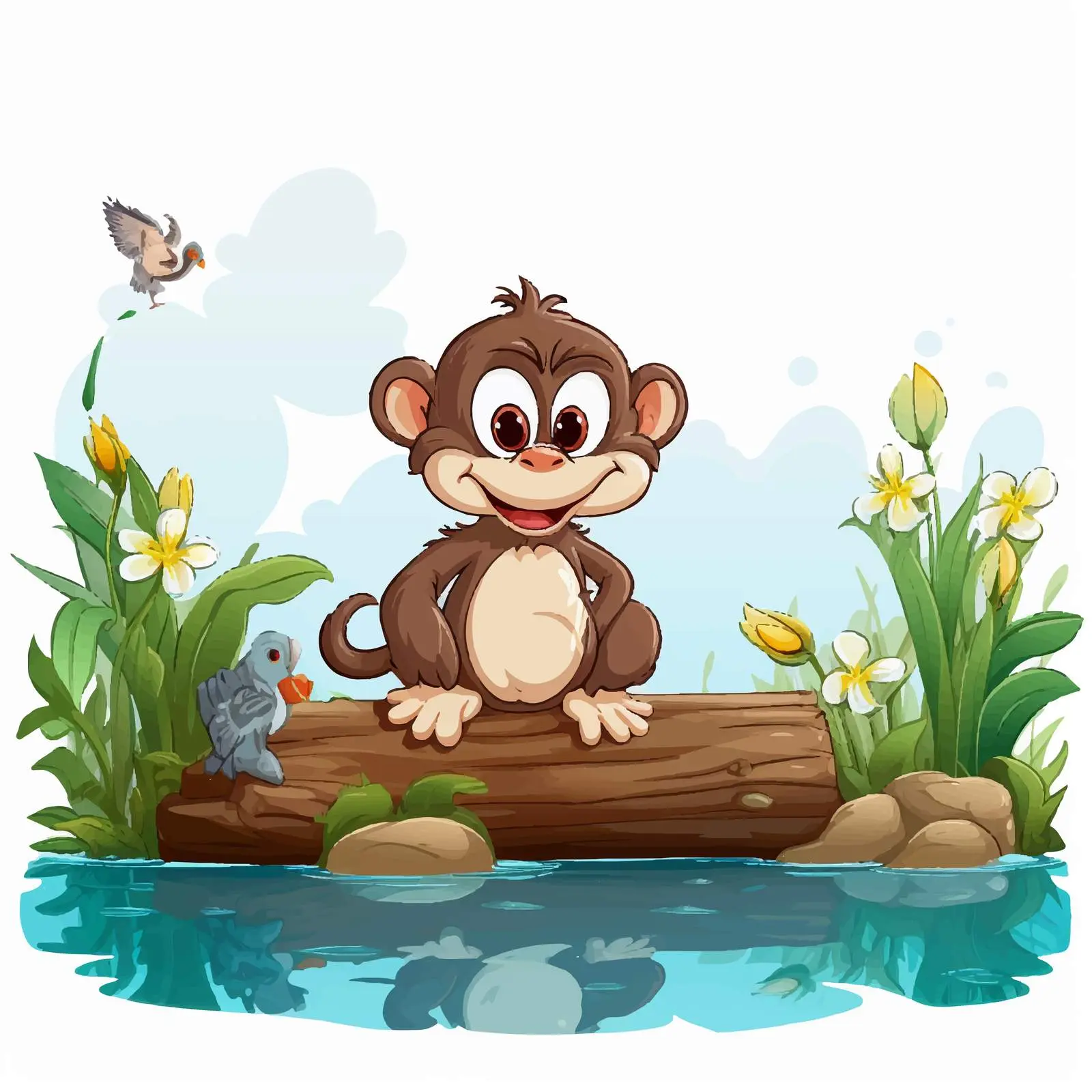 Cute Monkey with Ducks by Water — free download from Dotvec