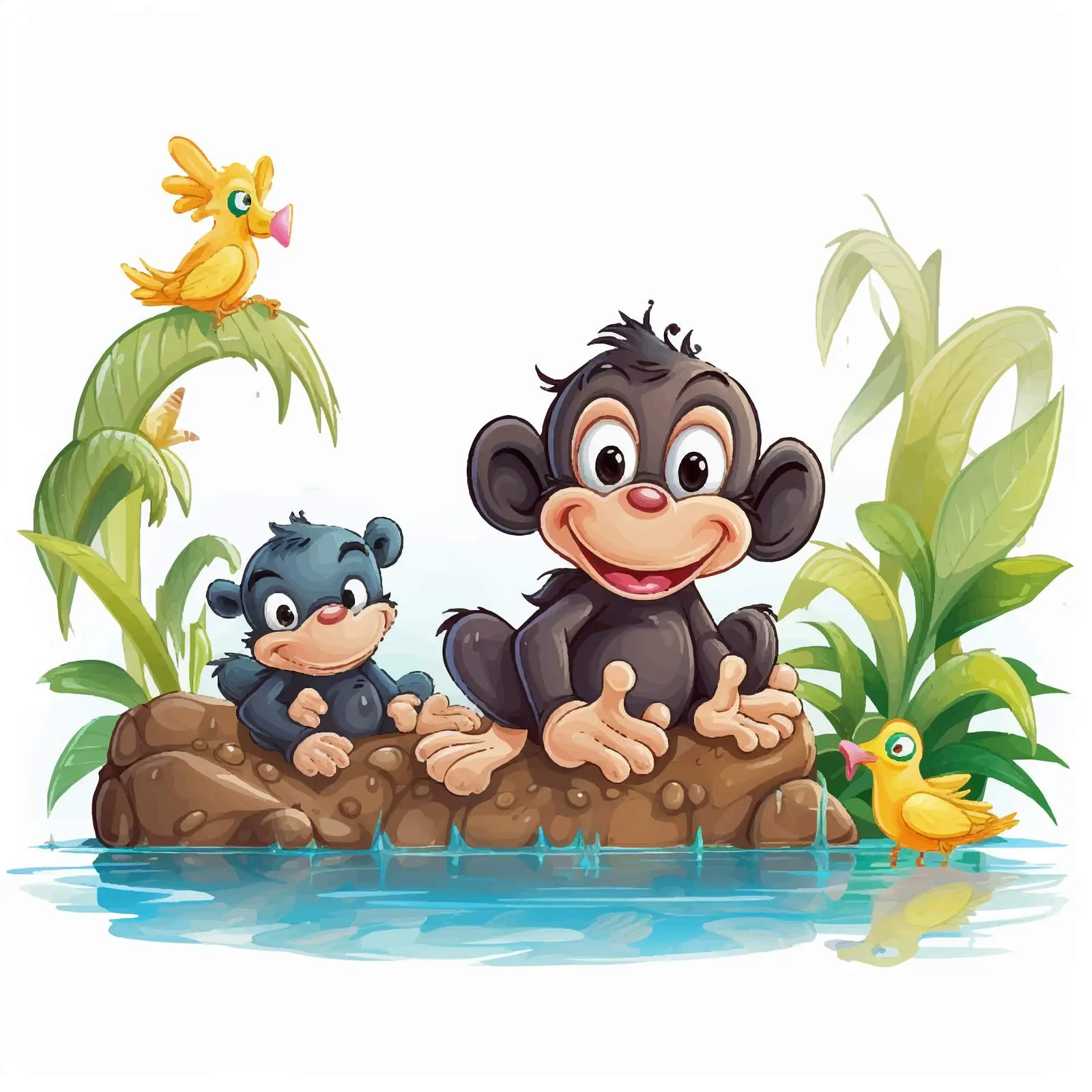 Playful Monkey with Ducks by Water — free download from Dotvec