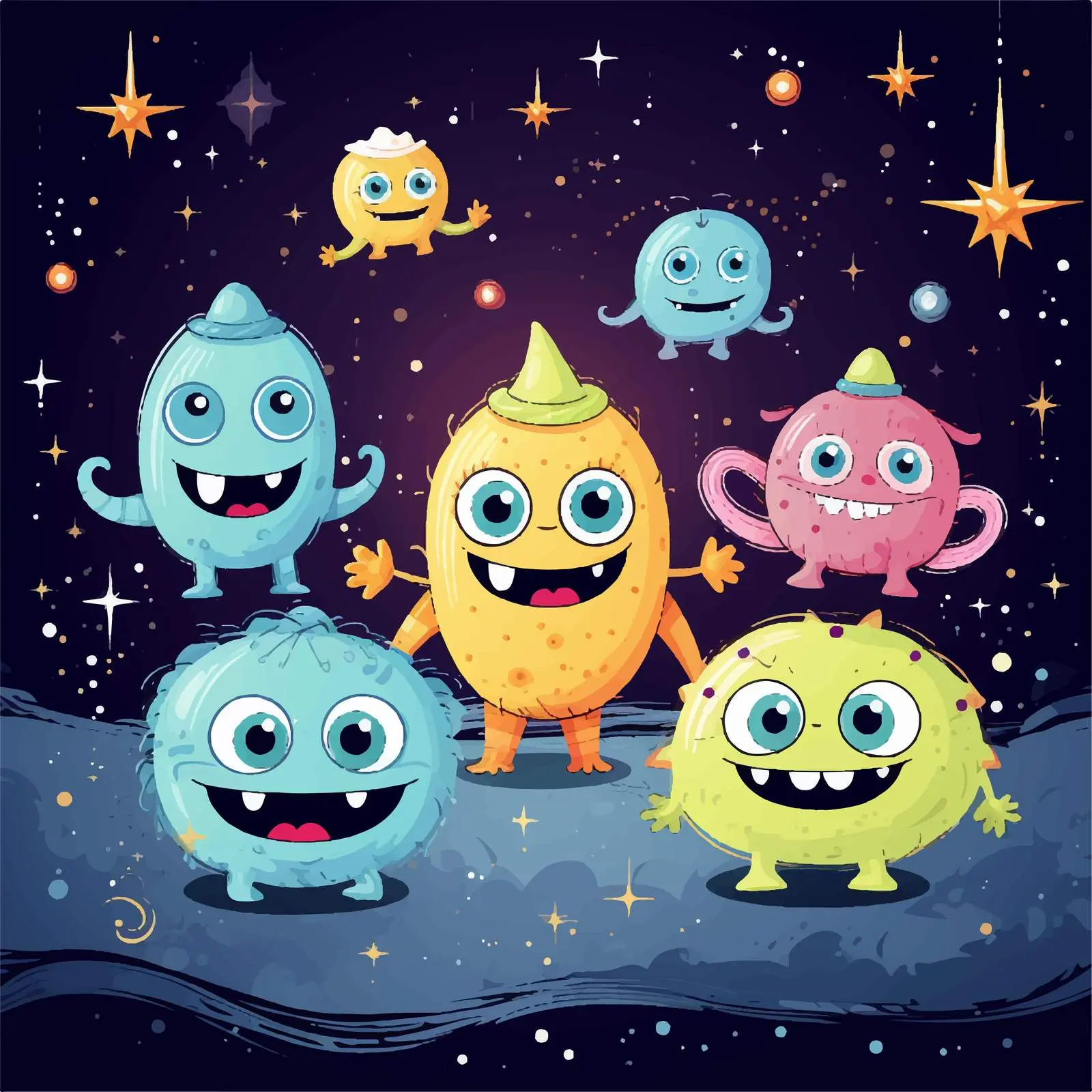 Cute Cartoon Monsters in Space Background – free unique characters image from Dotvec