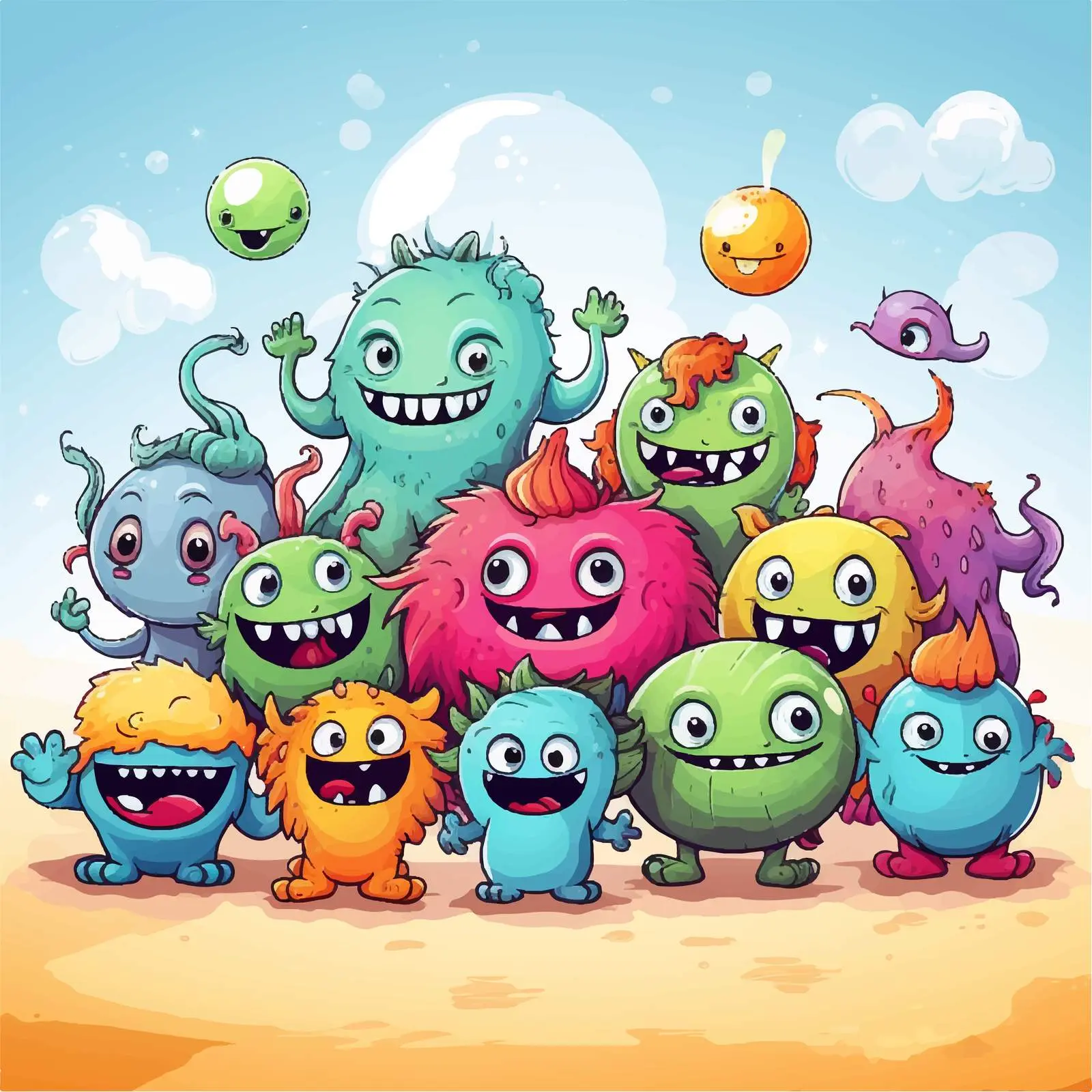 Cute Cartoon Monsters in Space Background — free download from Dotvec
