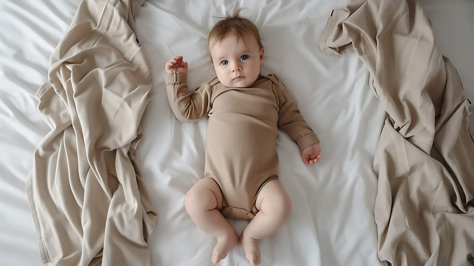Adorable Newborn in Brown Bodysuit on Bed – free infant image from Dotvec