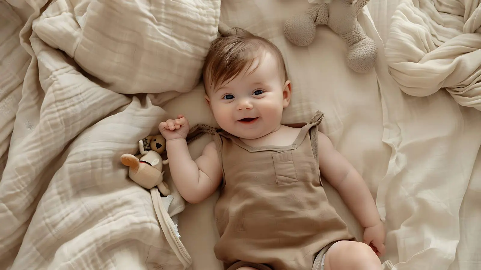 Newborn Baby in Brown Linen Bodysuit Playing – free infant image from Dotvec