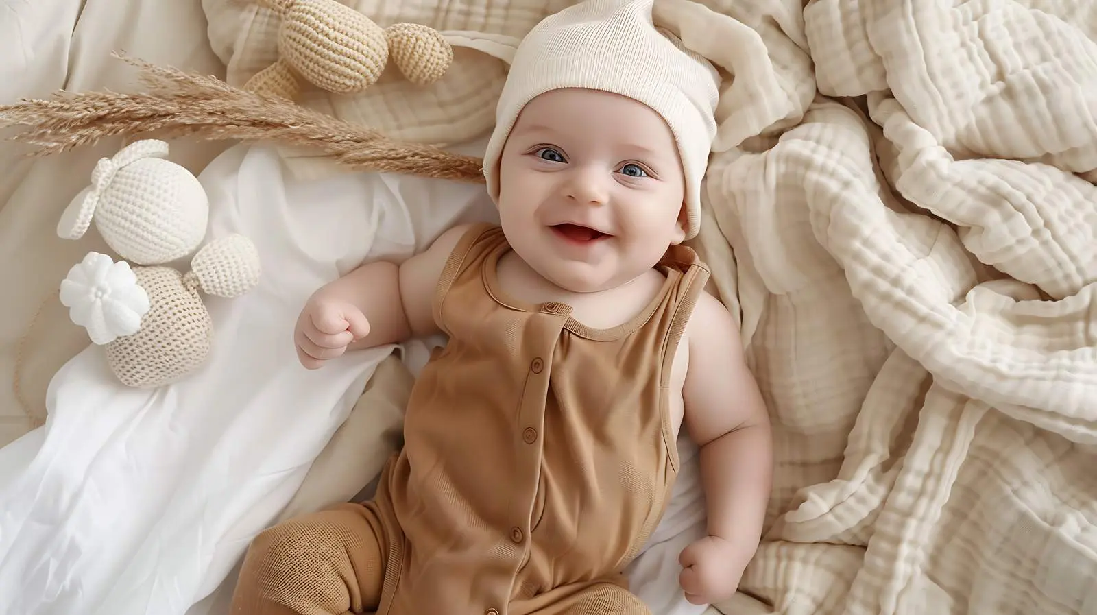 Cute Newborn Baby in Brown Linen Bodysuit – free infant image from Dotvec