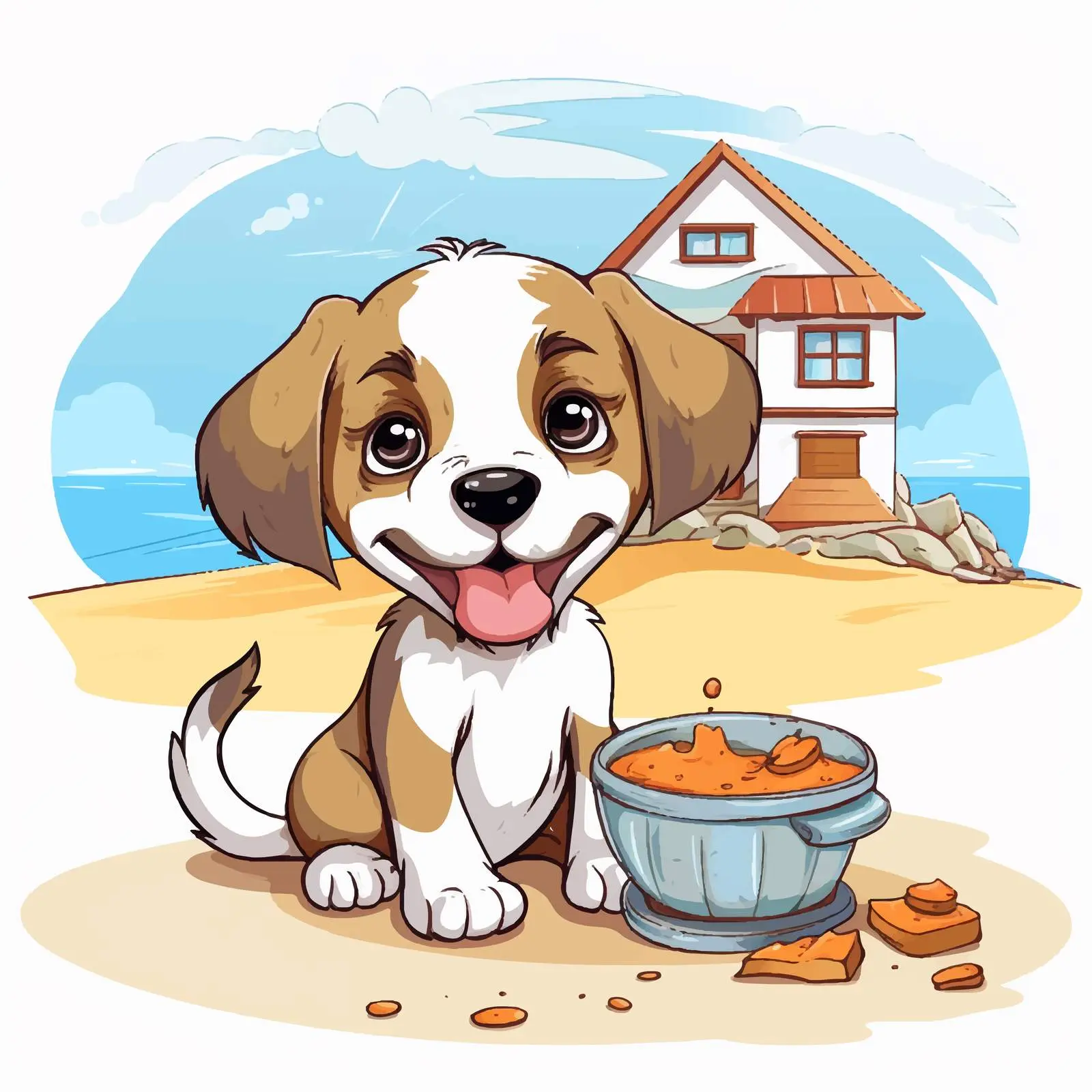 Cute Puppy by House and Food Bowl — free download from Dotvec