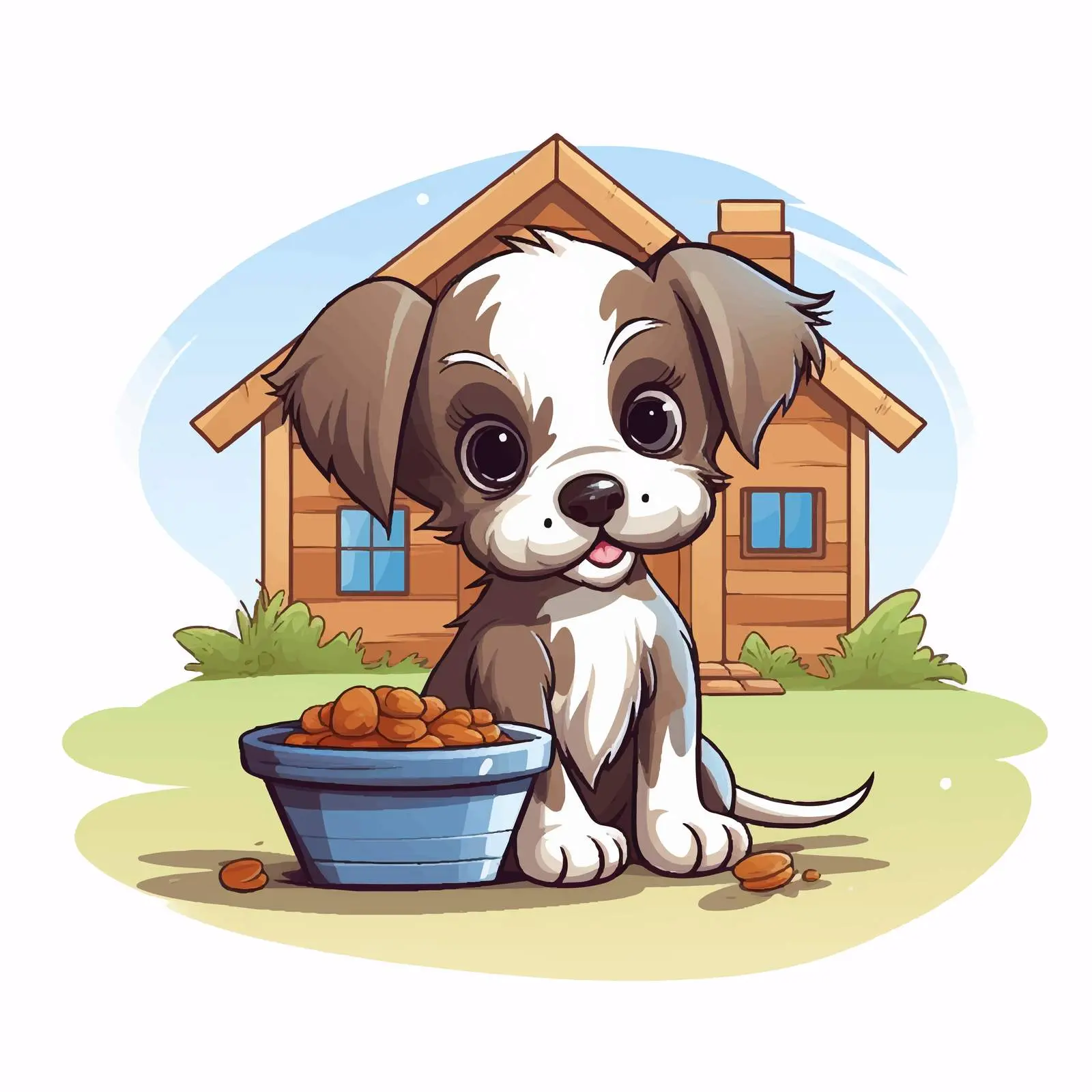 Cute Puppy by Its House and Food Bowl – free vector pet image from Dotvec