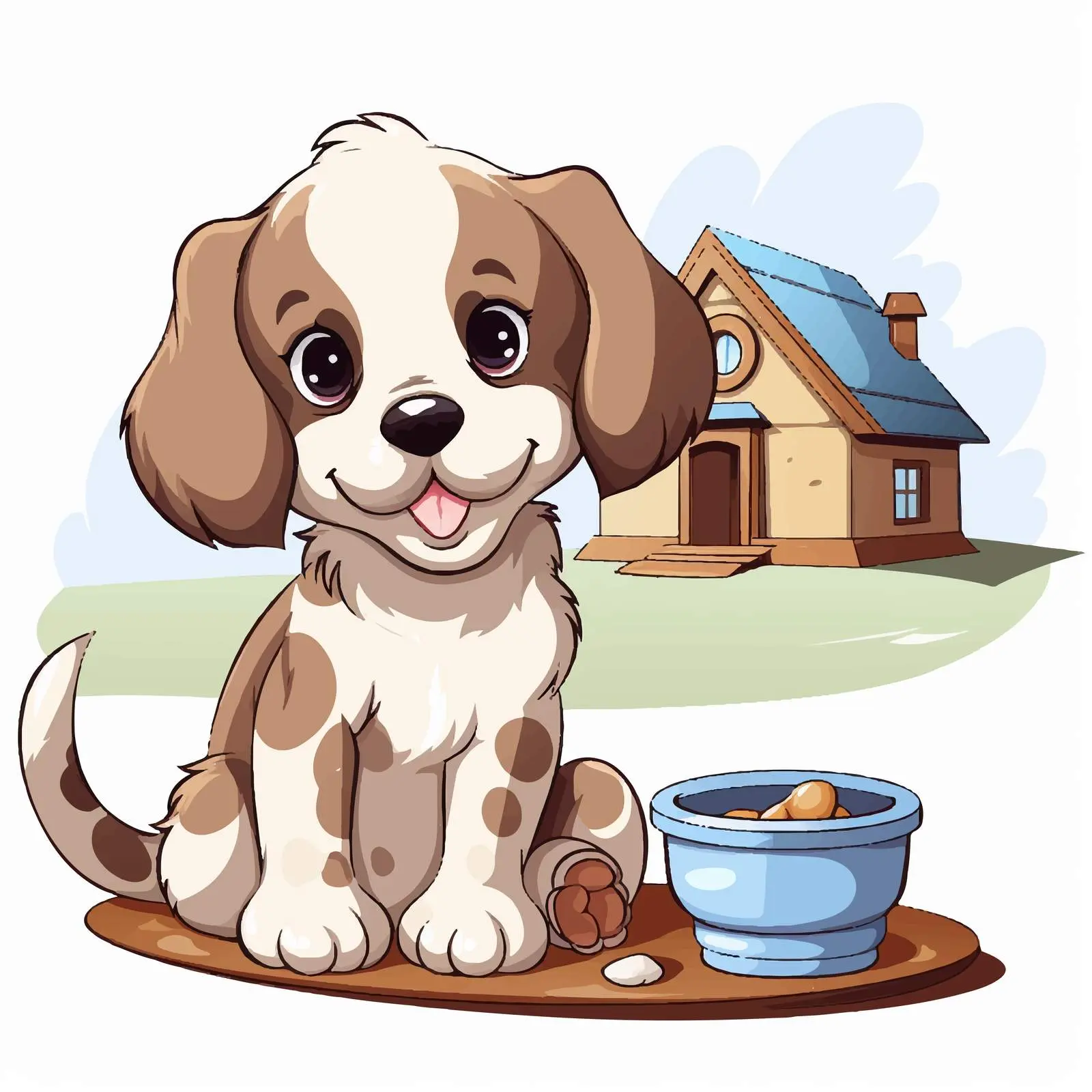 Cute Puppy by Its House and Food Bowl — free download from Dotvec